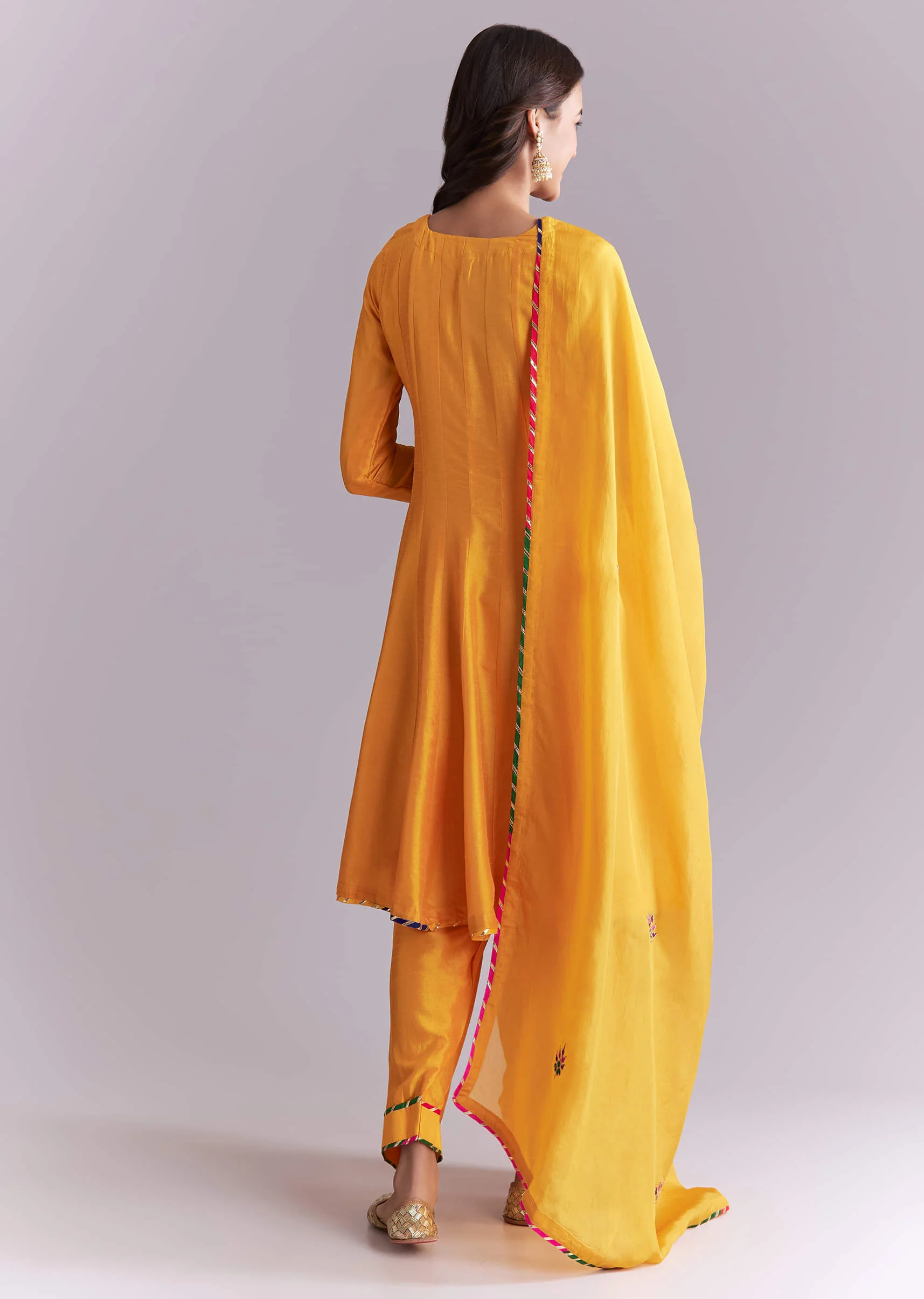 Yellow Silk Anarkali Suit With Pathani Patch Work - Image 5