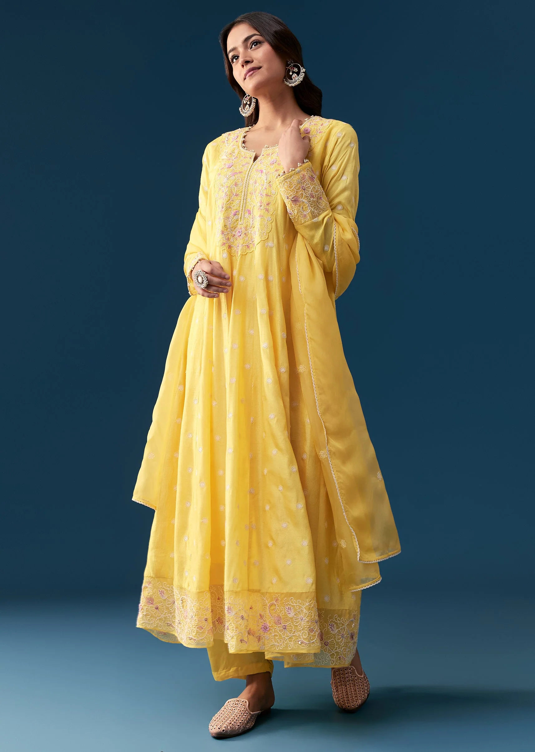 Yellow Silk Anarkali Suit With Resham And Sequins Work - Image 3
