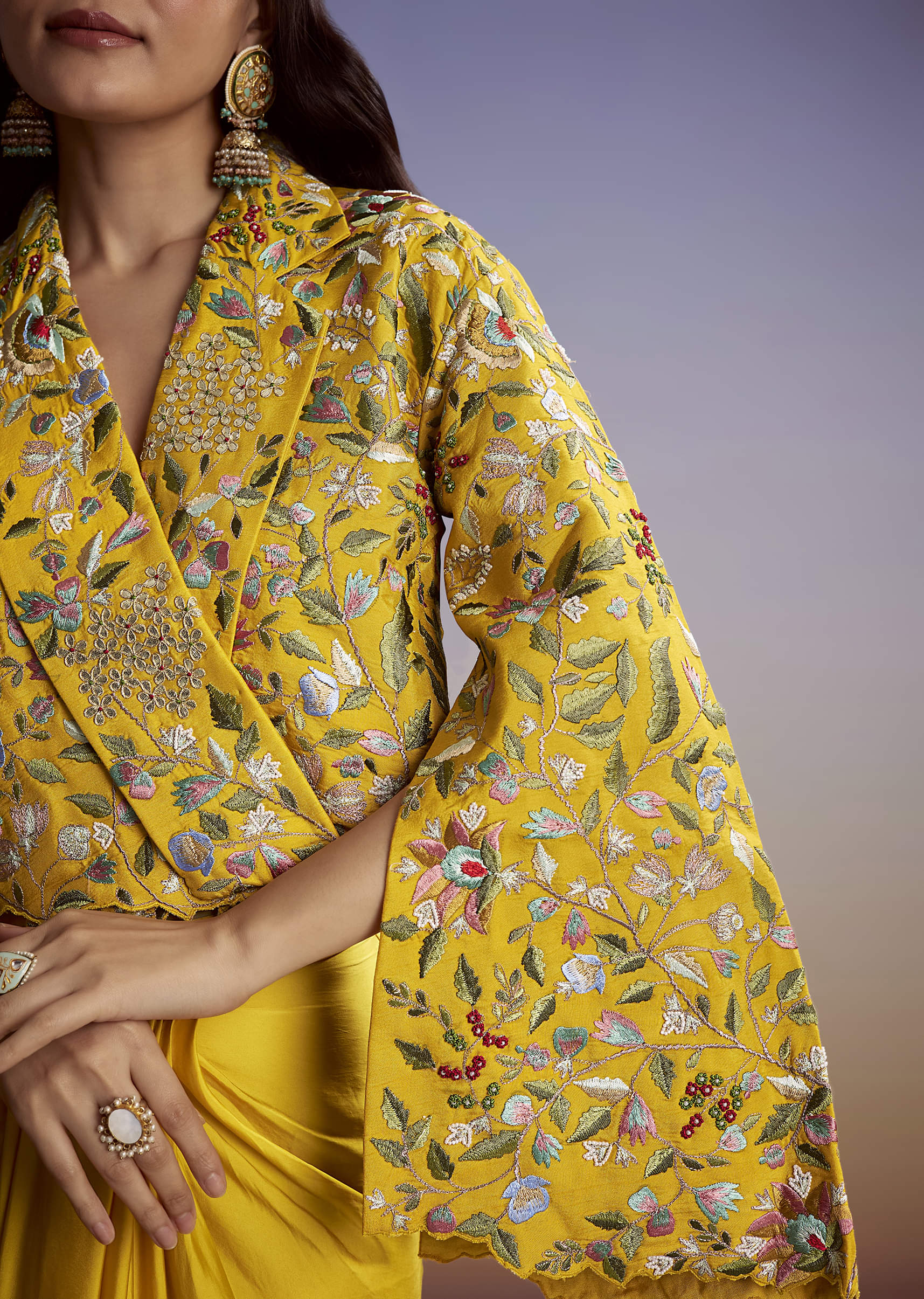 Yellow Silk Crop Top Skirt With Resham Work - Image 2