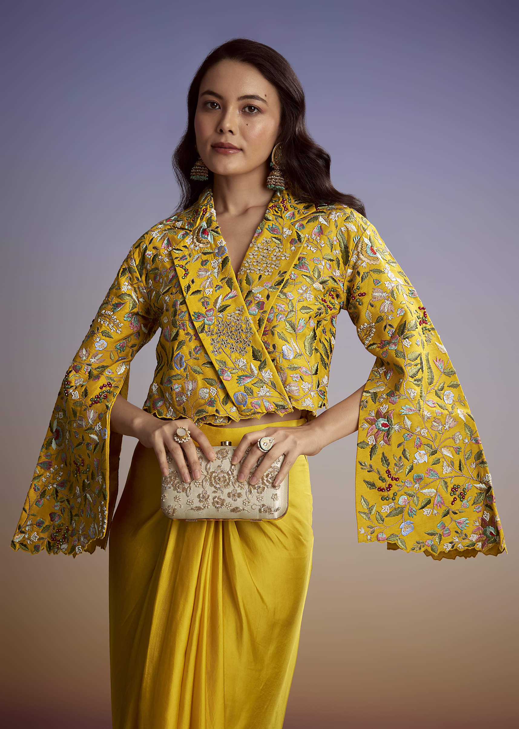 Yellow Silk Crop Top Skirt With Resham Work - Image 4