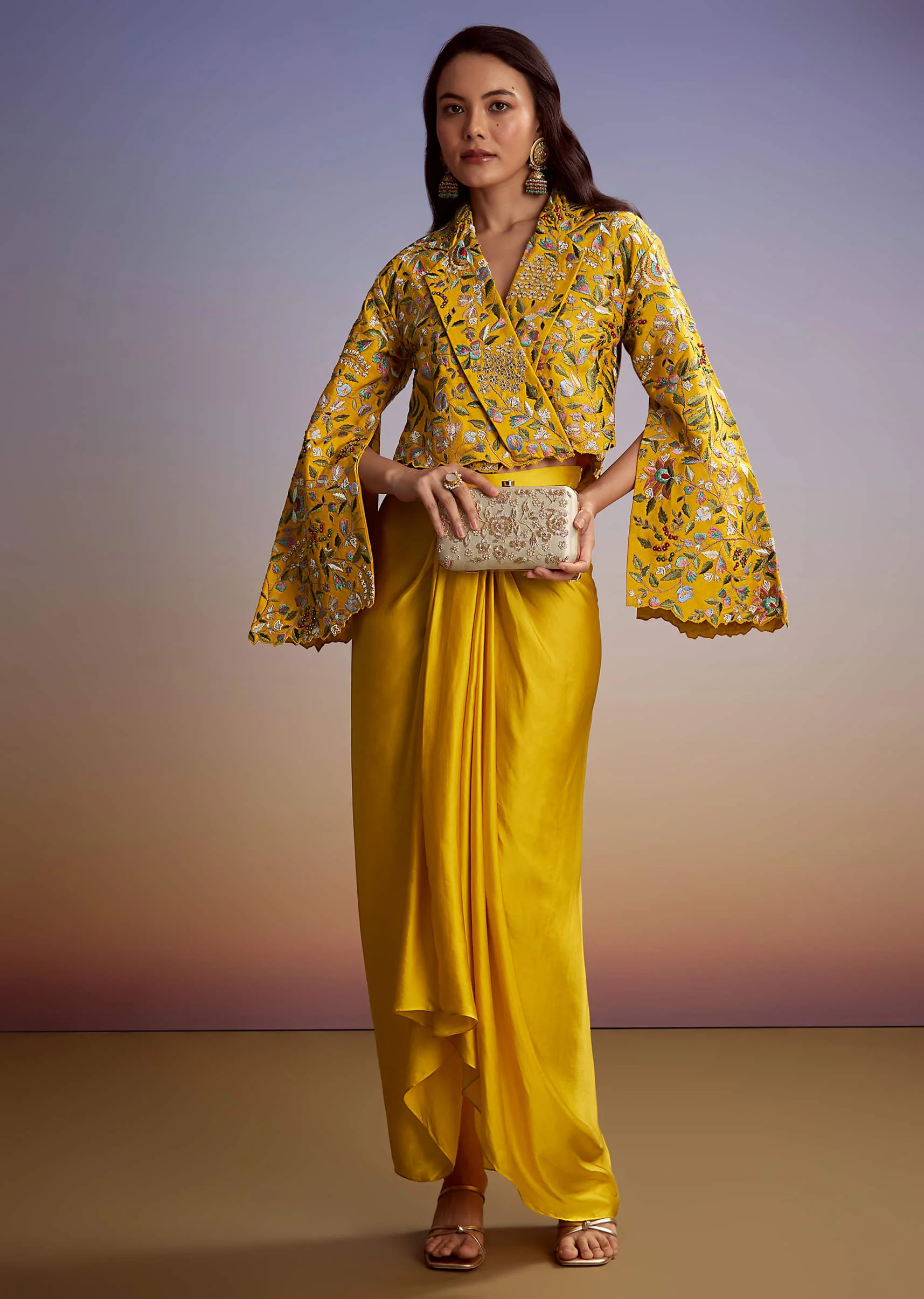 Yellow Silk Crop Top Skirt With Resham Work - Image 6