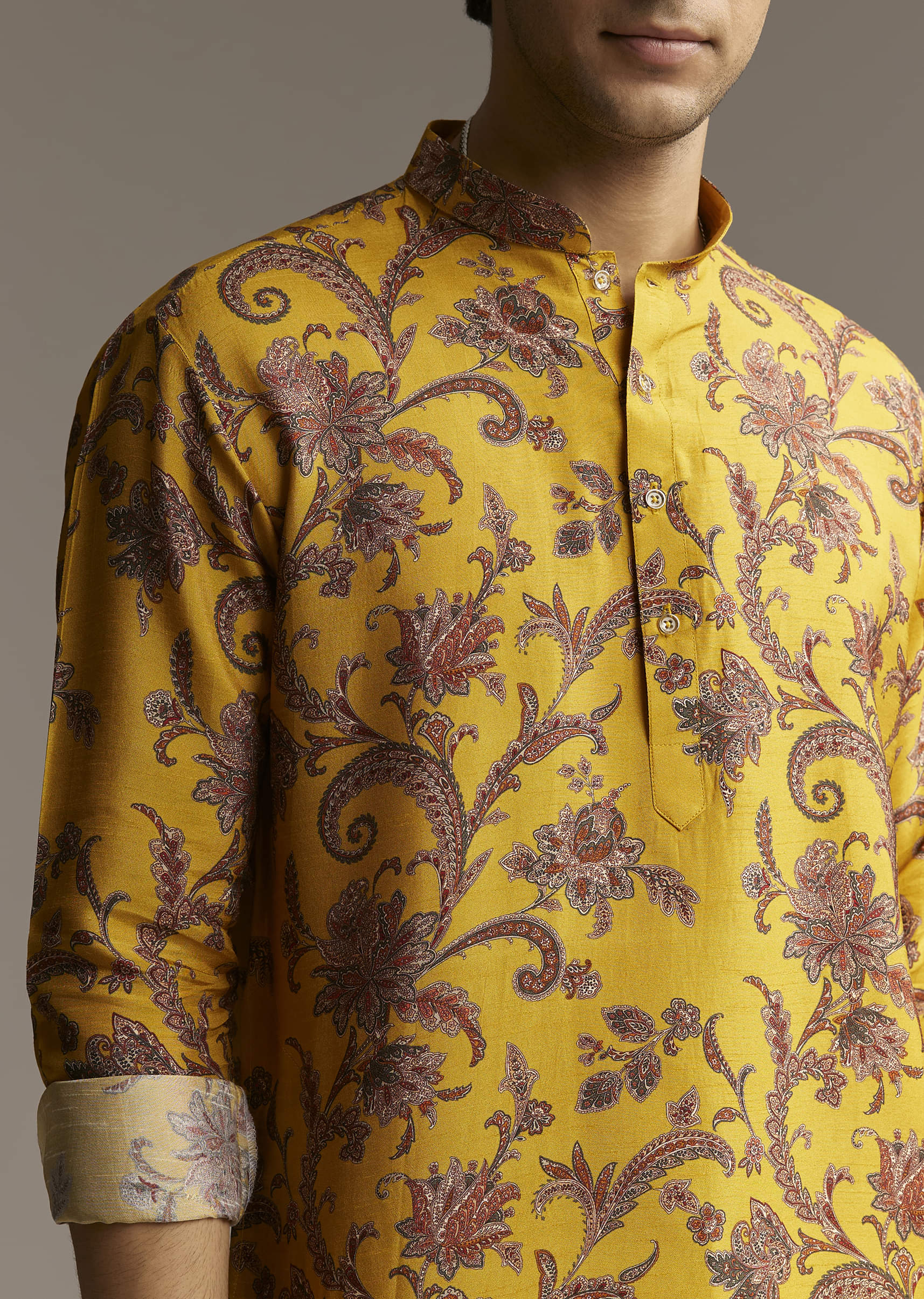 Yellow Silk Designer Kurta For Men With Motif Print - Image 3