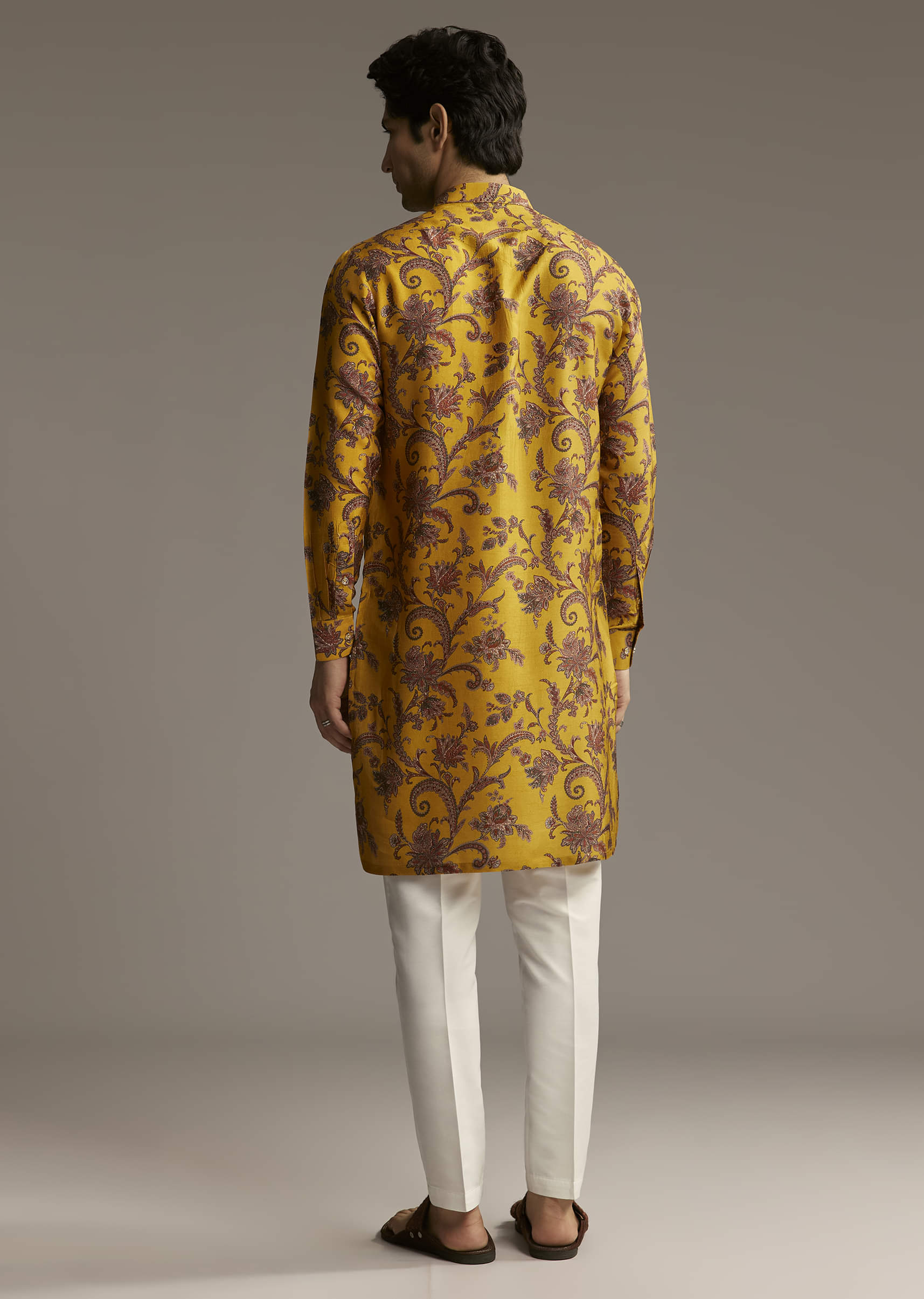 Yellow Silk Designer Kurta For Men With Motif Print - Image 5