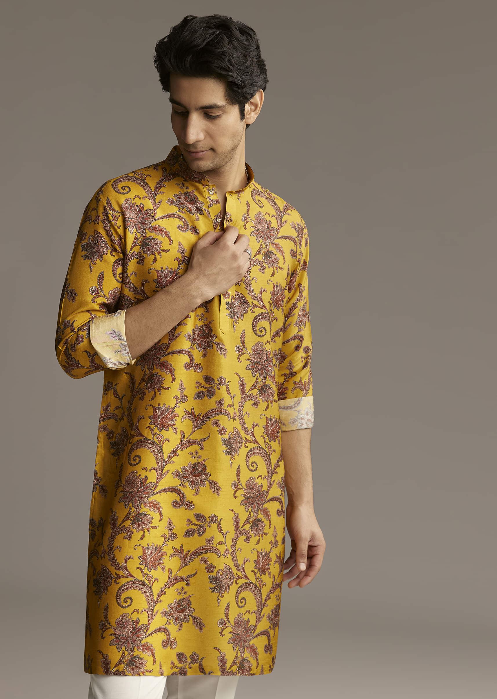 Yellow Silk Designer Kurta For Men With Motif Print - Image 7