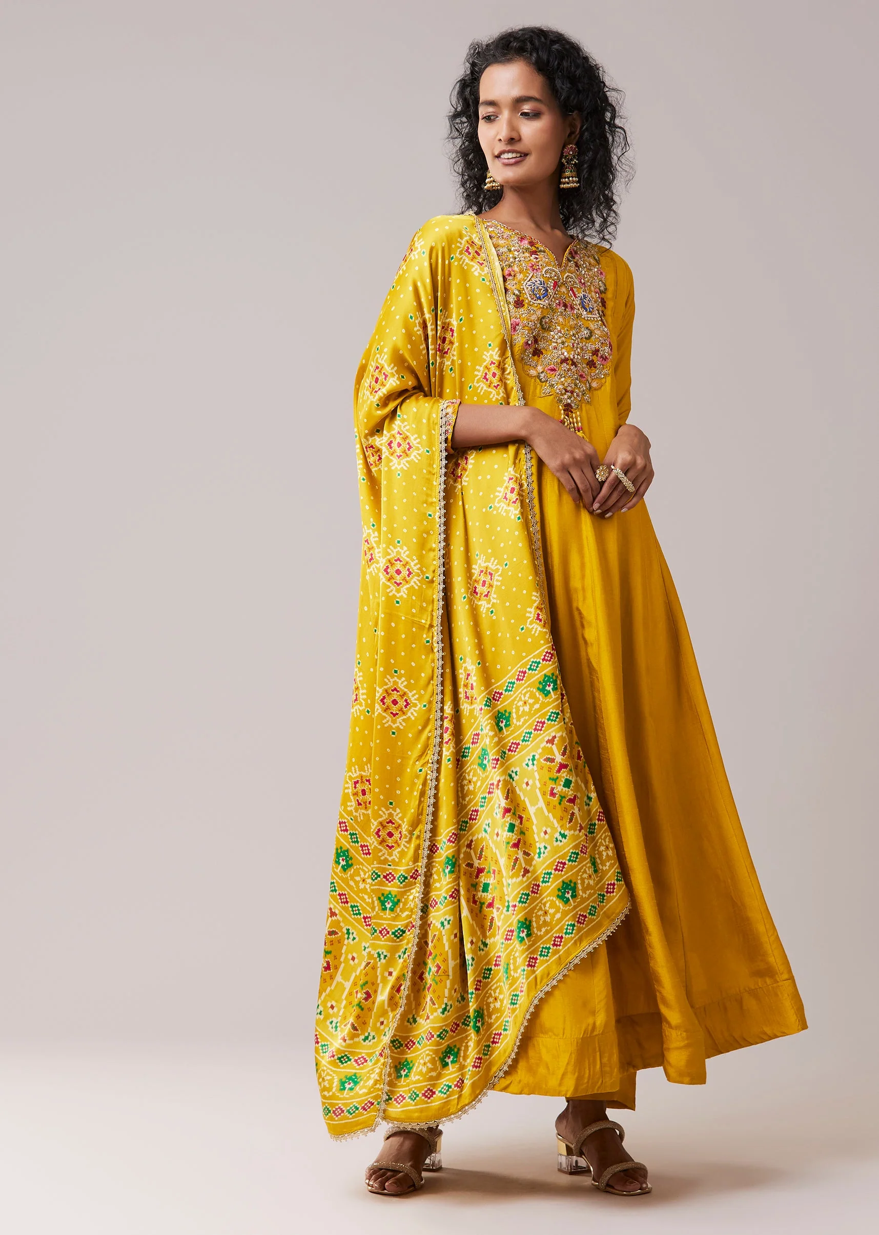 Yellow Silk Embroidered Anarkali Set