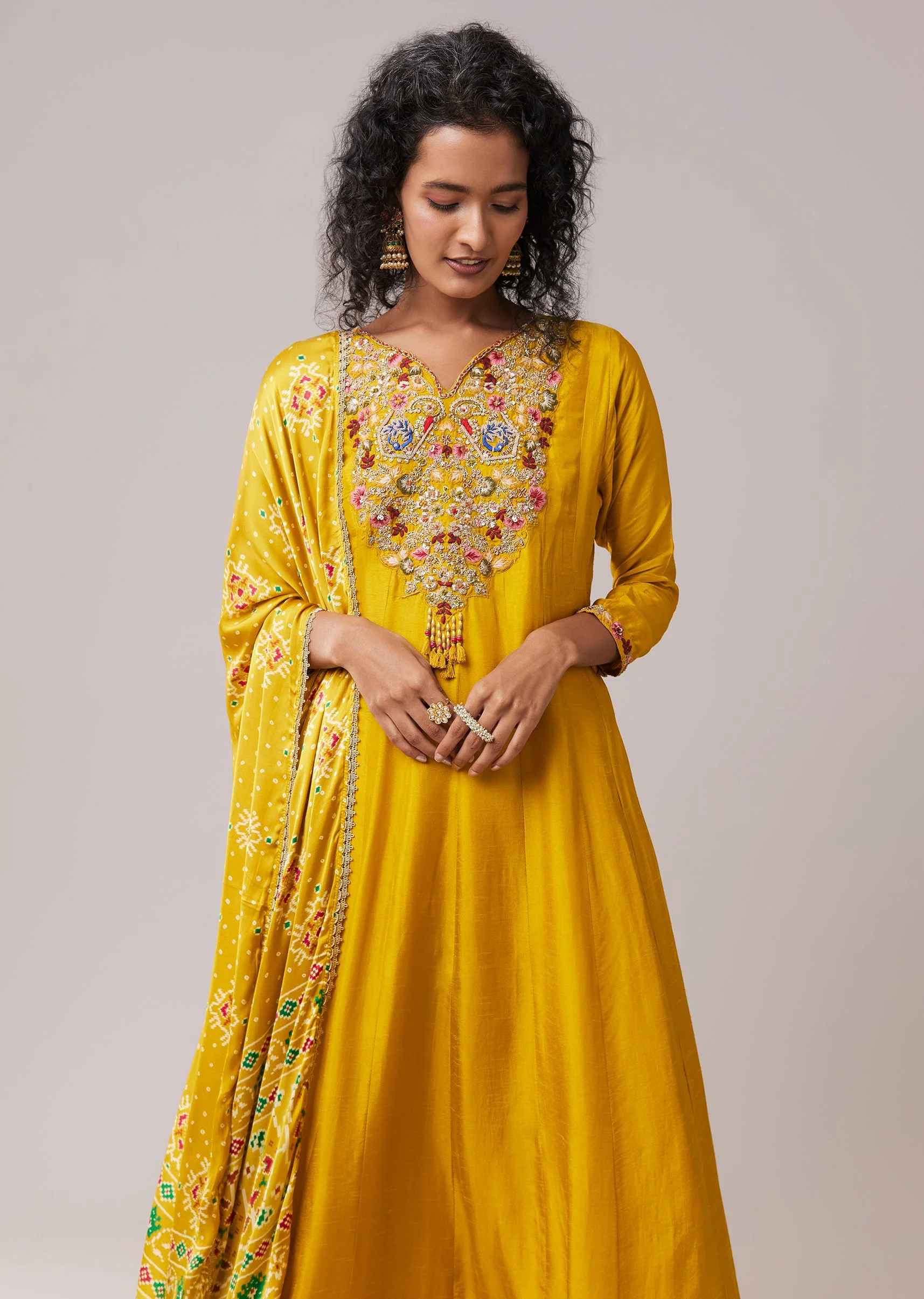 Yellow Silk Embroidered Anarkali Set - Image 2