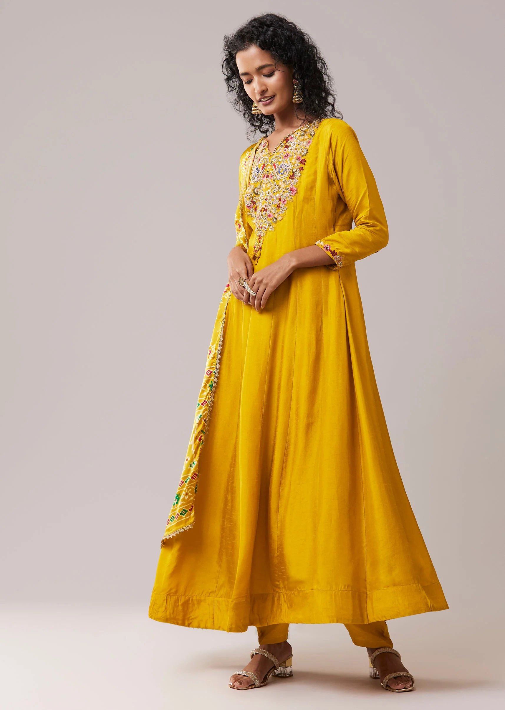 Yellow Silk Embroidered Anarkali Set - Image 3