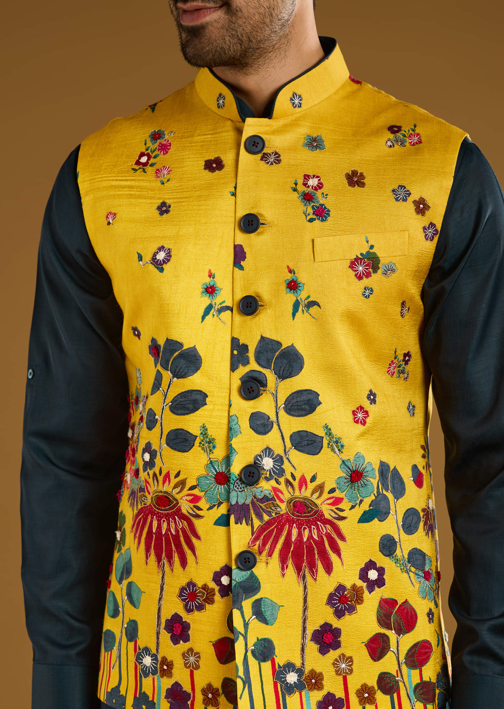 Yellow Silk Floral Kurta Jacket Set For Men With Thread Work - Image 2