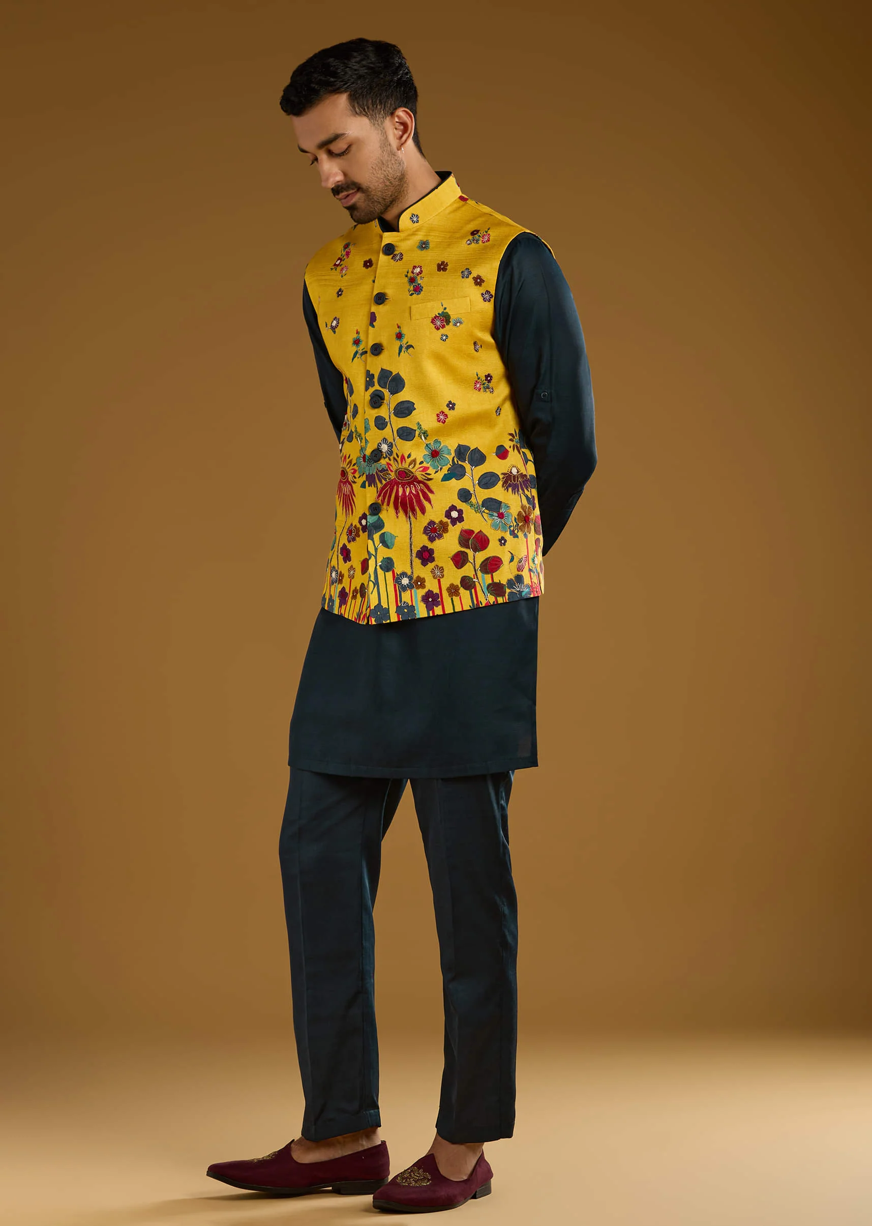 Yellow Silk Floral Kurta Jacket Set For Men With Thread Work - Image 3