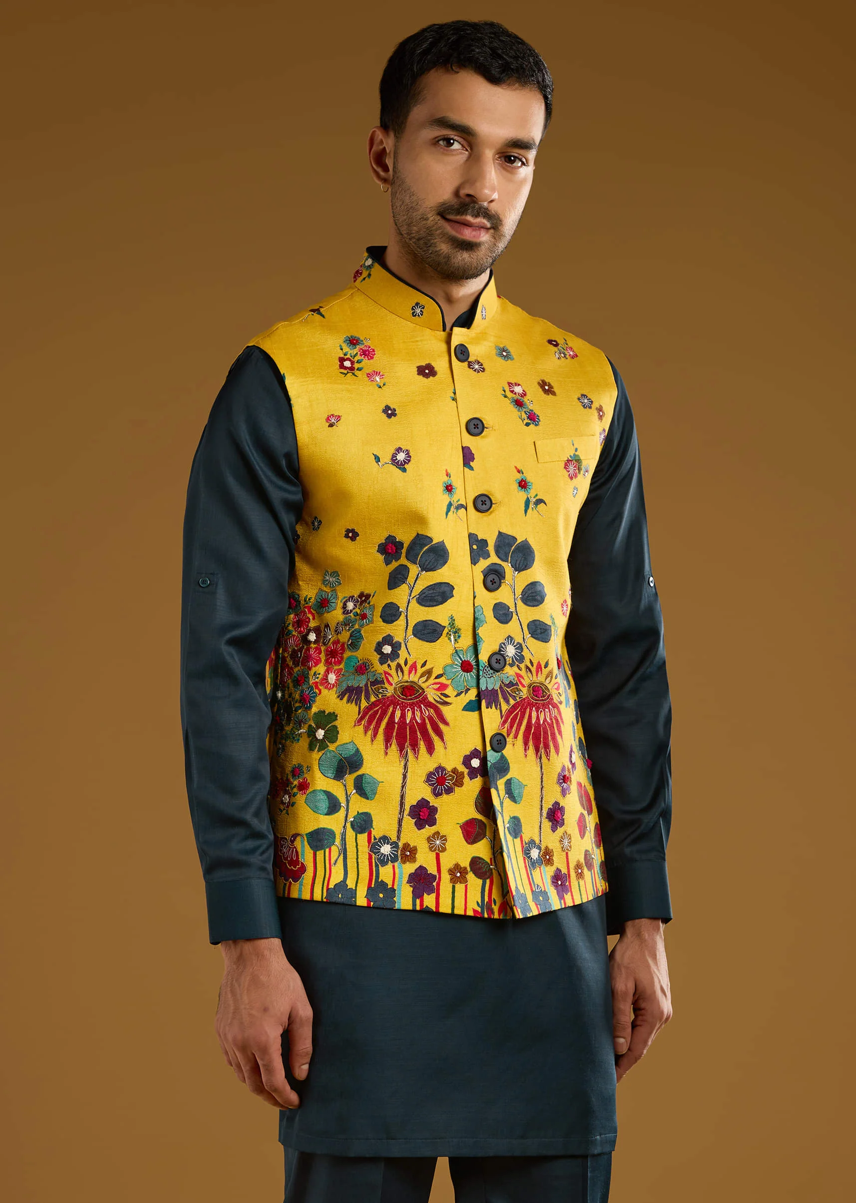 Yellow Silk Floral Kurta Jacket Set For Men With Thread Work - Image 4