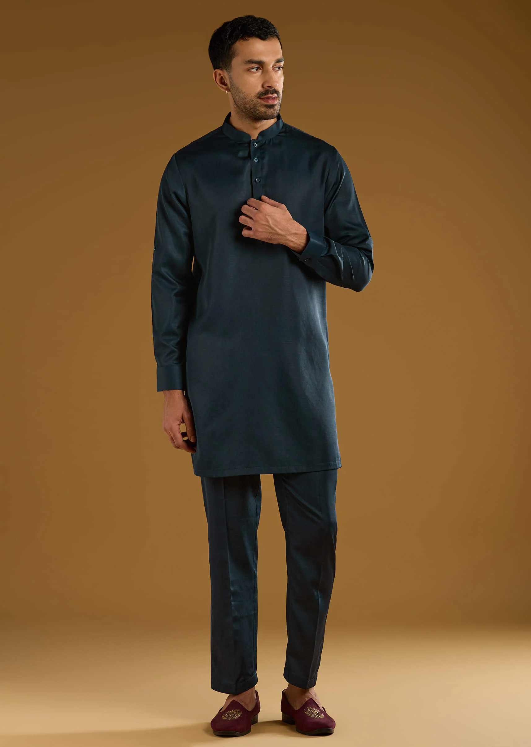 Yellow Silk Floral Kurta Jacket Set For Men With Thread Work - Image 5