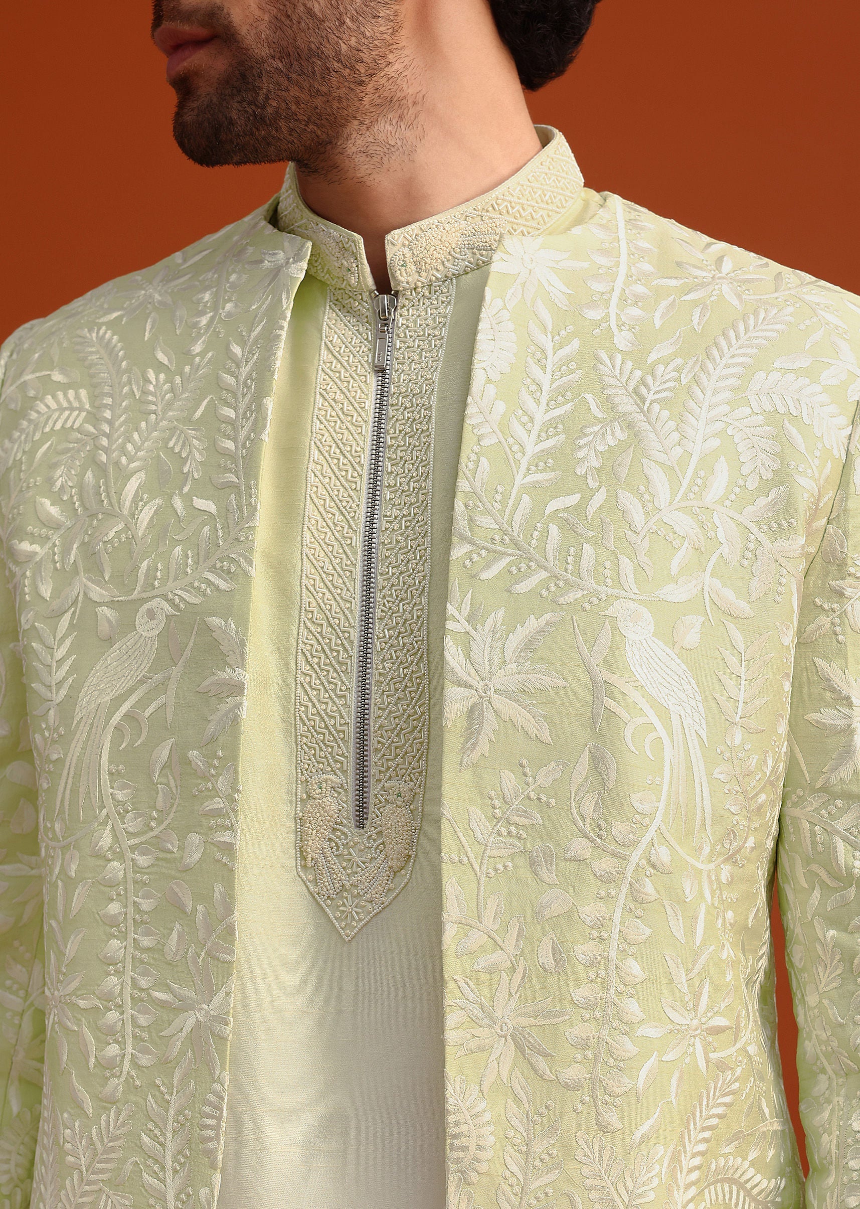 Yellow Silk Indo Western And Kurta Set With French Knots - Image 2