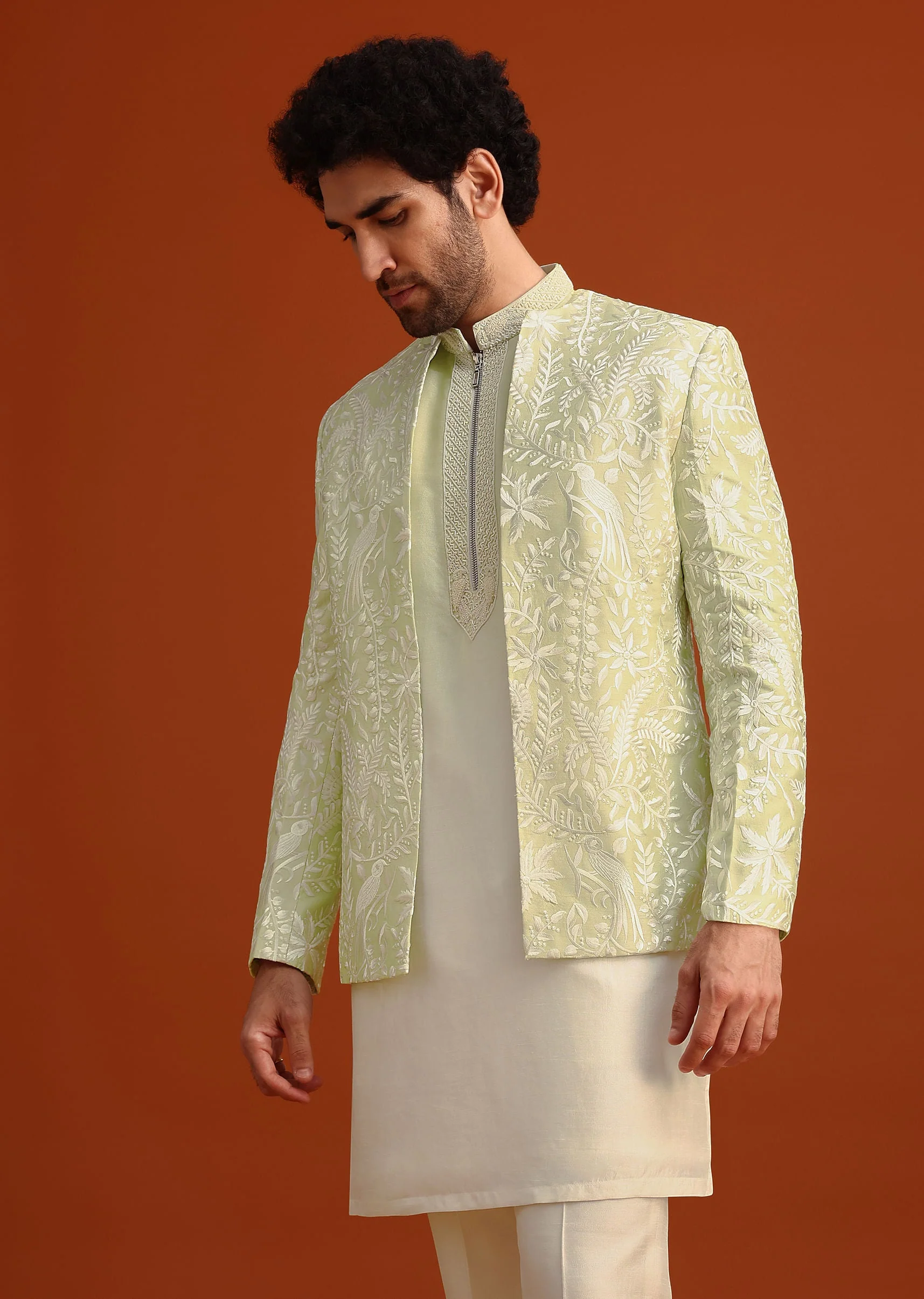 Yellow Silk Indo Western And Kurta Set With French Knots - Image 4