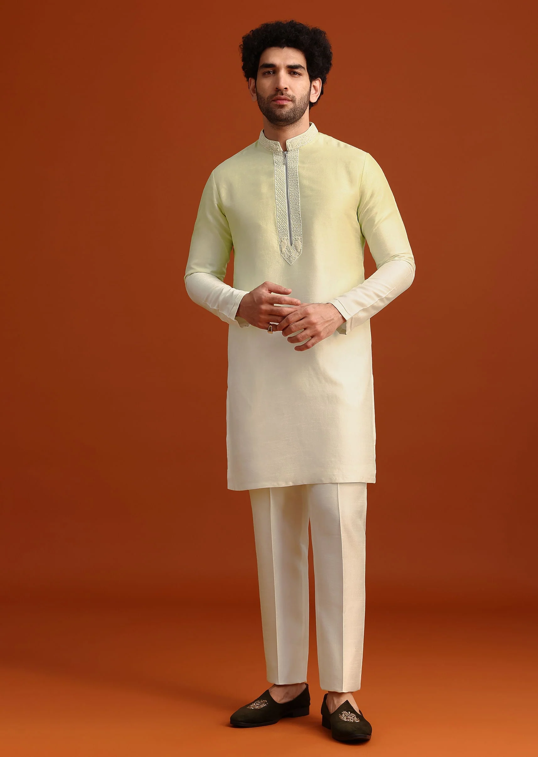 Yellow Silk Indo Western And Kurta Set With French Knots - Image 6