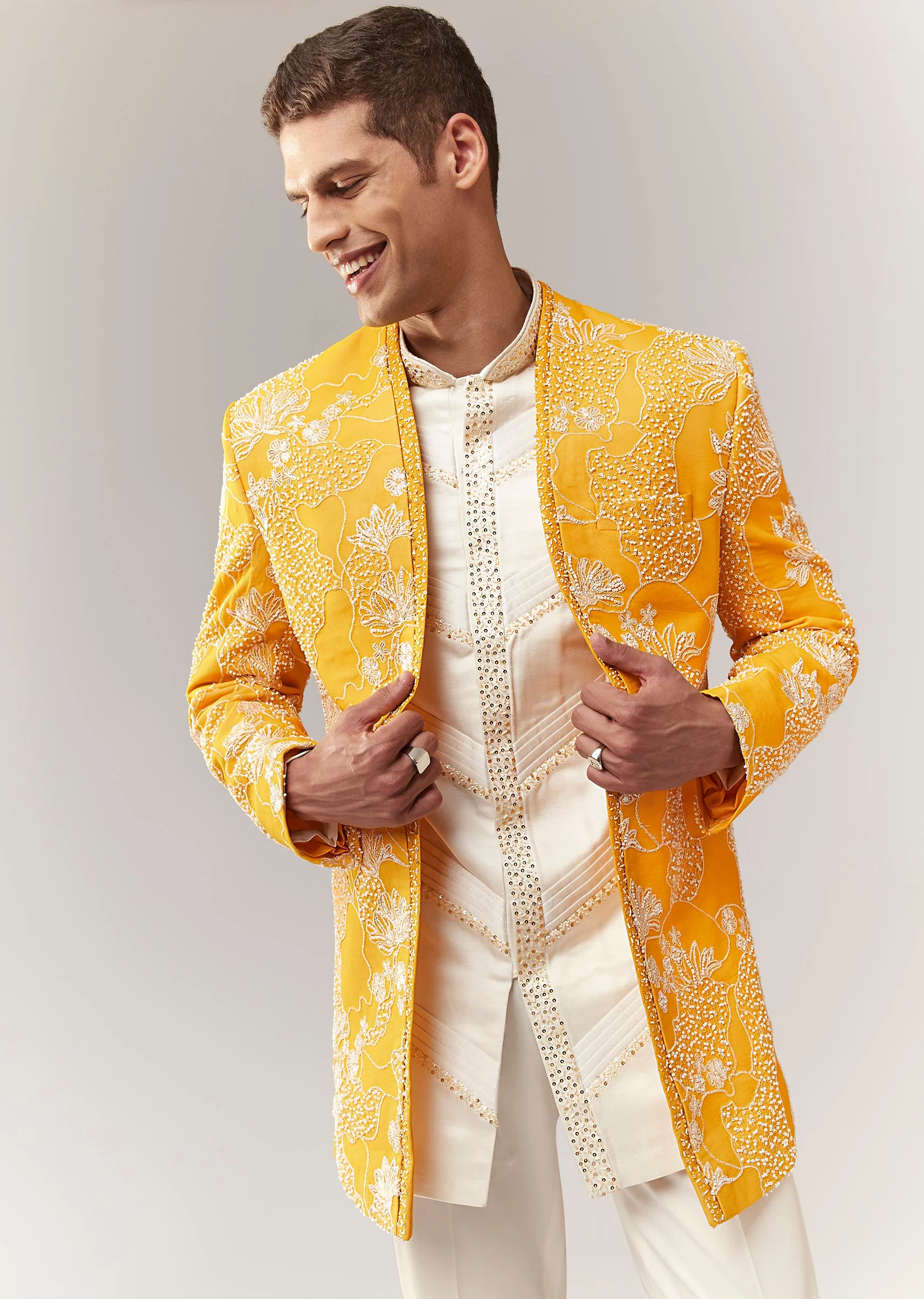 Yellow Silk Indo Western Set With Cutdana Sequins And Resham Work - Image 4