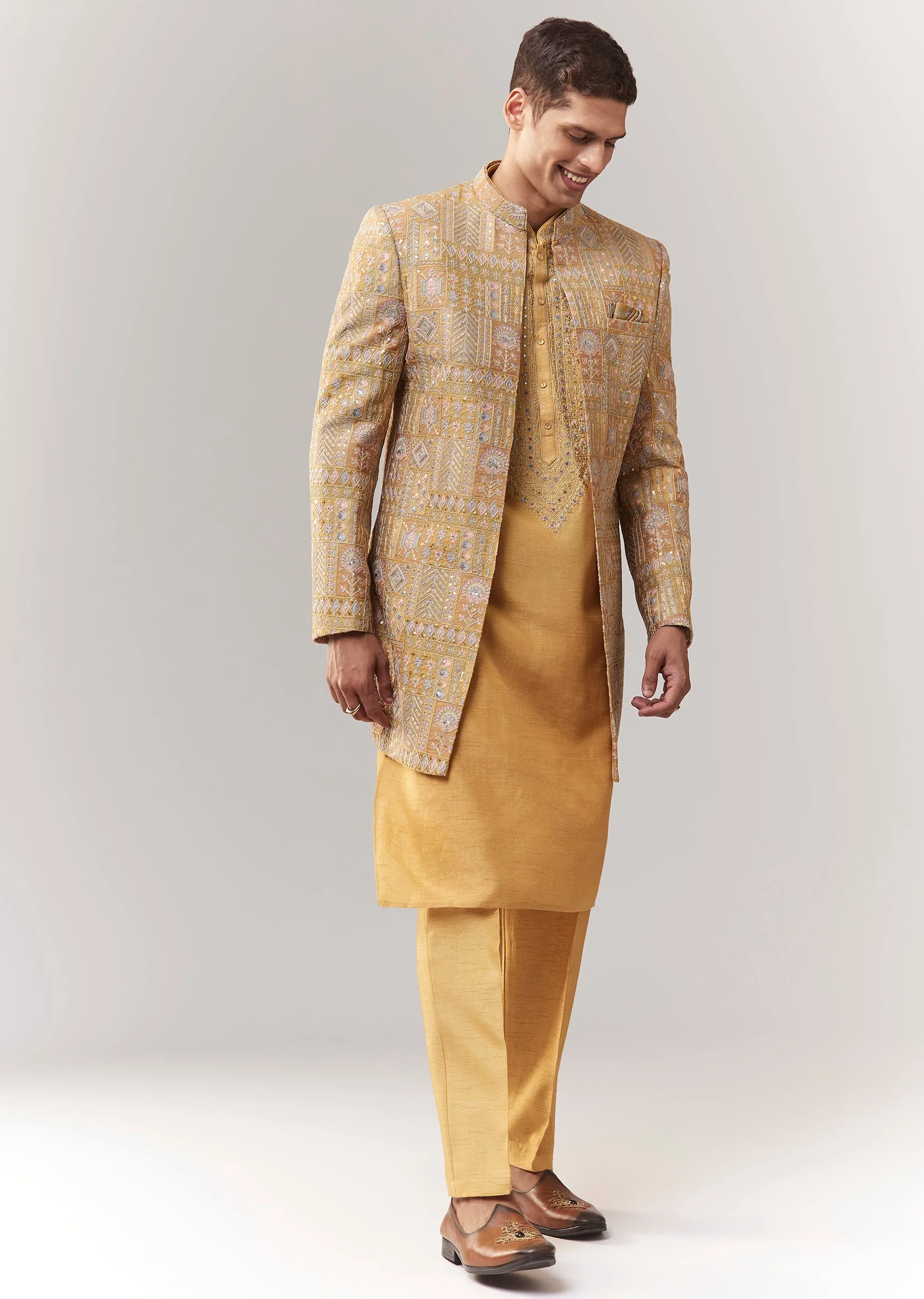 Yellow Silk Indo Western With Resham And Sequins