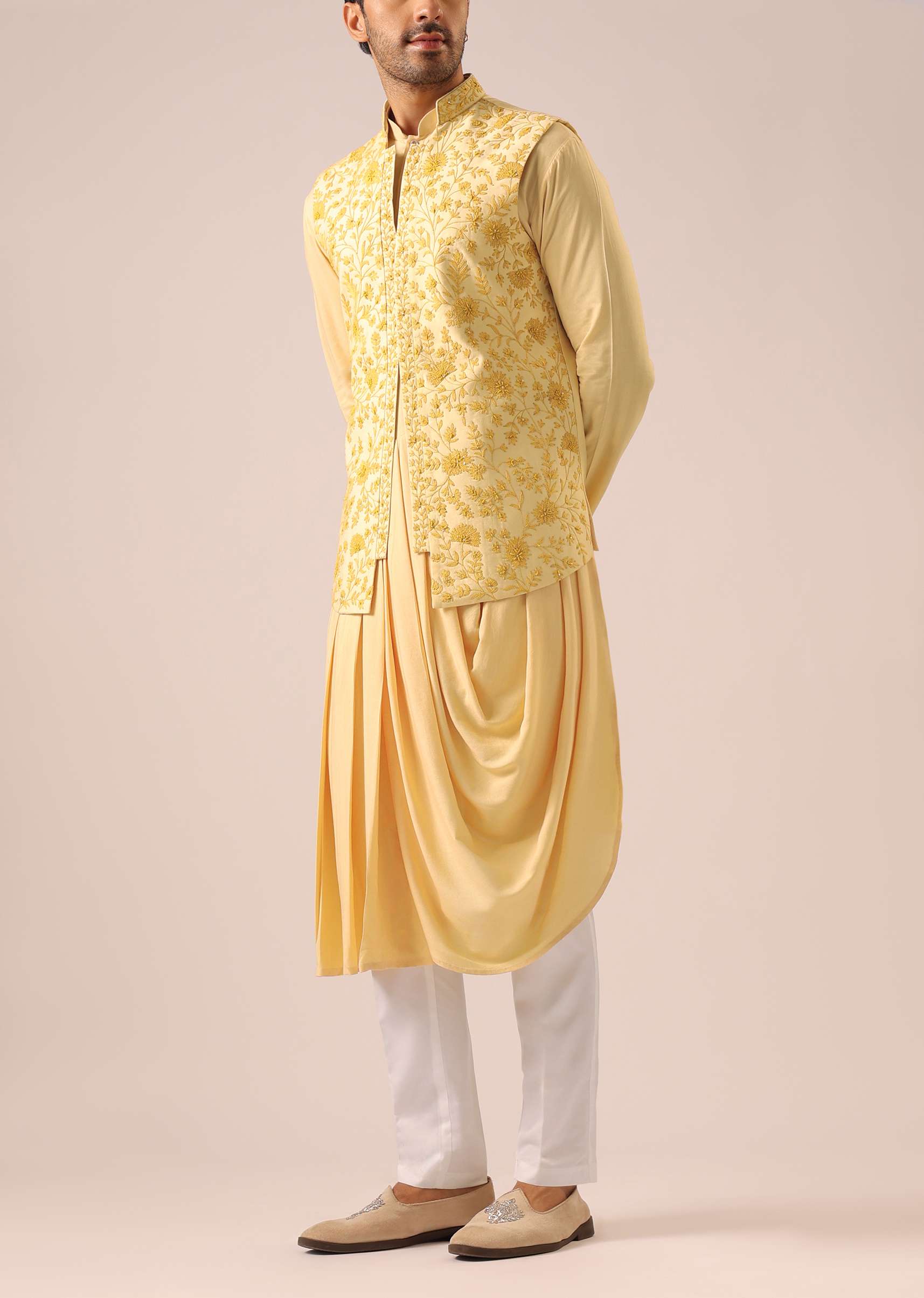 Yellow Silk Jacket And Cowl Draped Kurta Set - Image 3