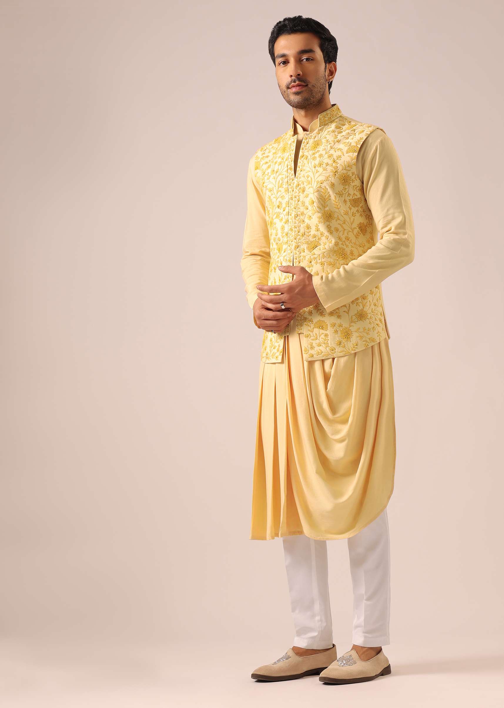 Yellow Silk Jacket And Cowl Draped Kurta Set - Image 4