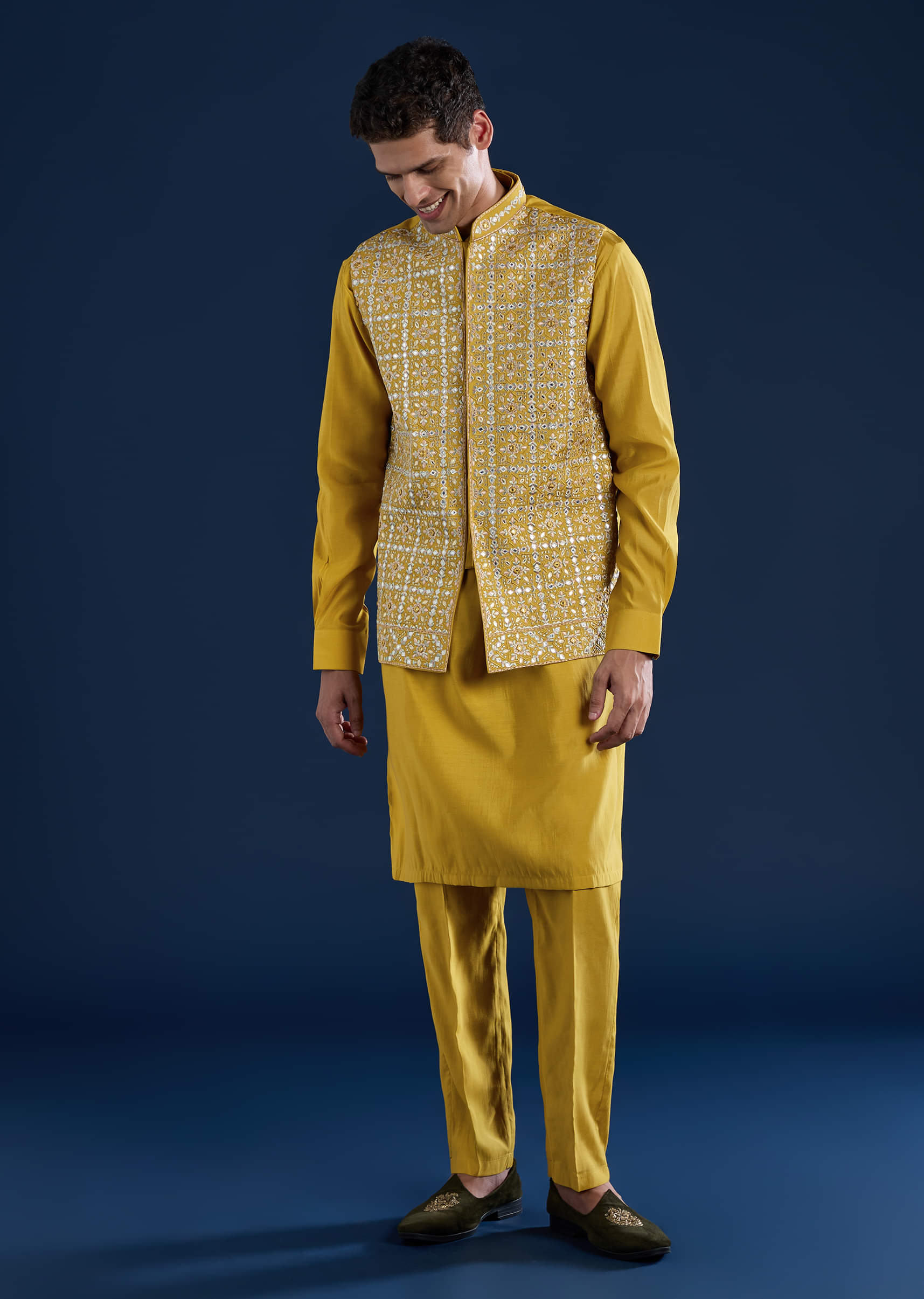 Yellow Silk Jacket Kurta Set with Gota Work - Image 3