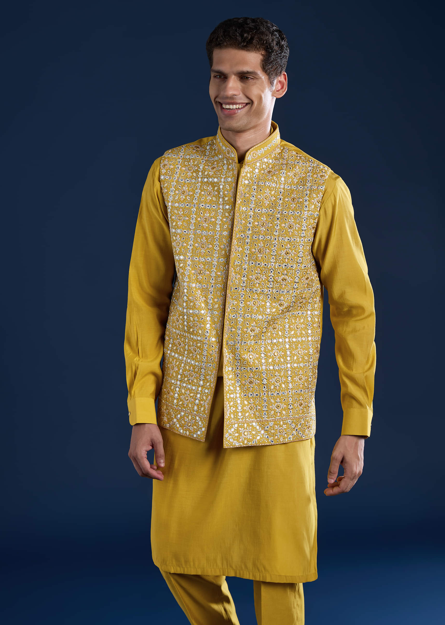 Yellow Silk Jacket Kurta Set with Gota Work - Image 4