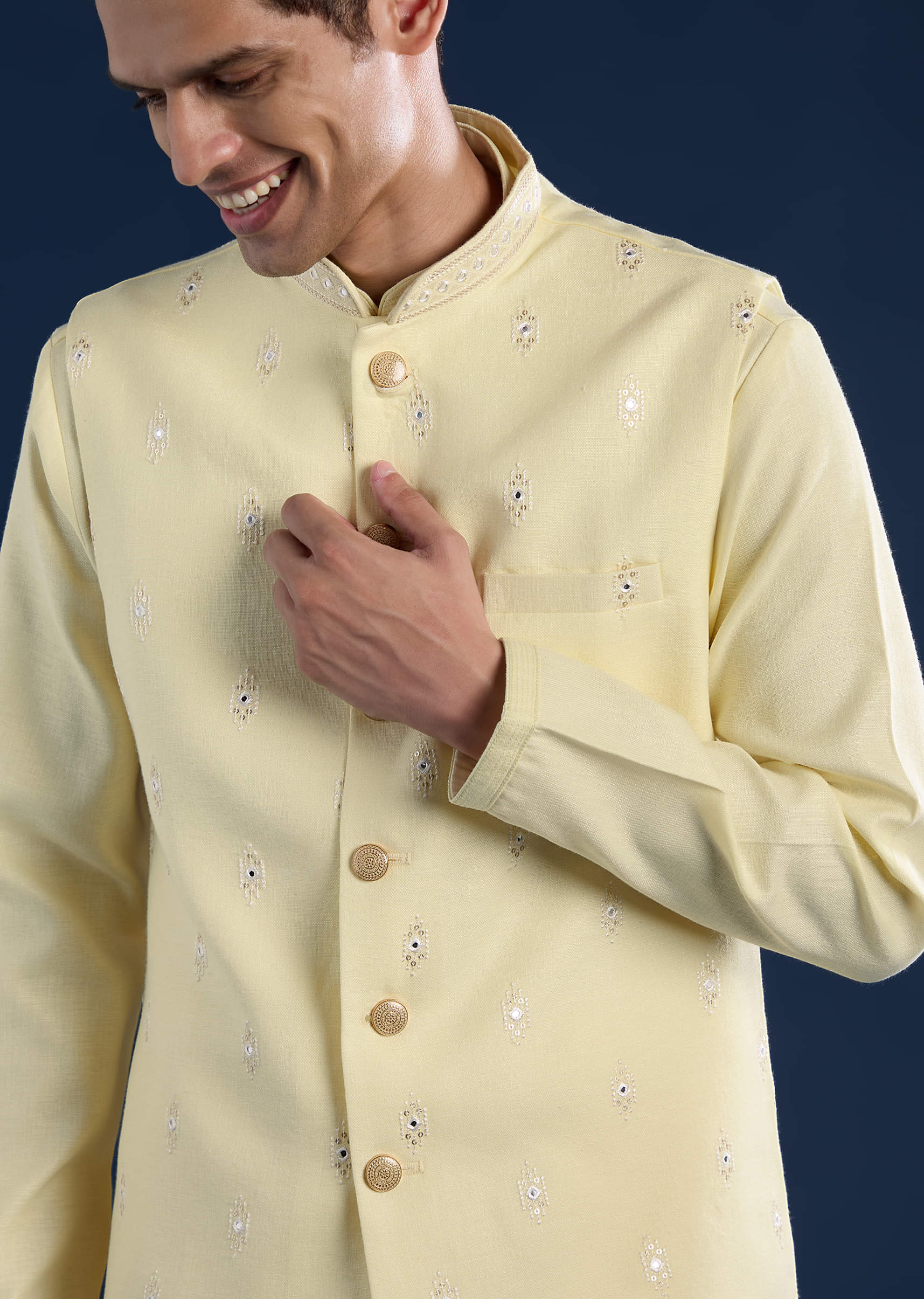 Yellow Silk Jacket Kurta Set with Mirror Embroidery - Image 2