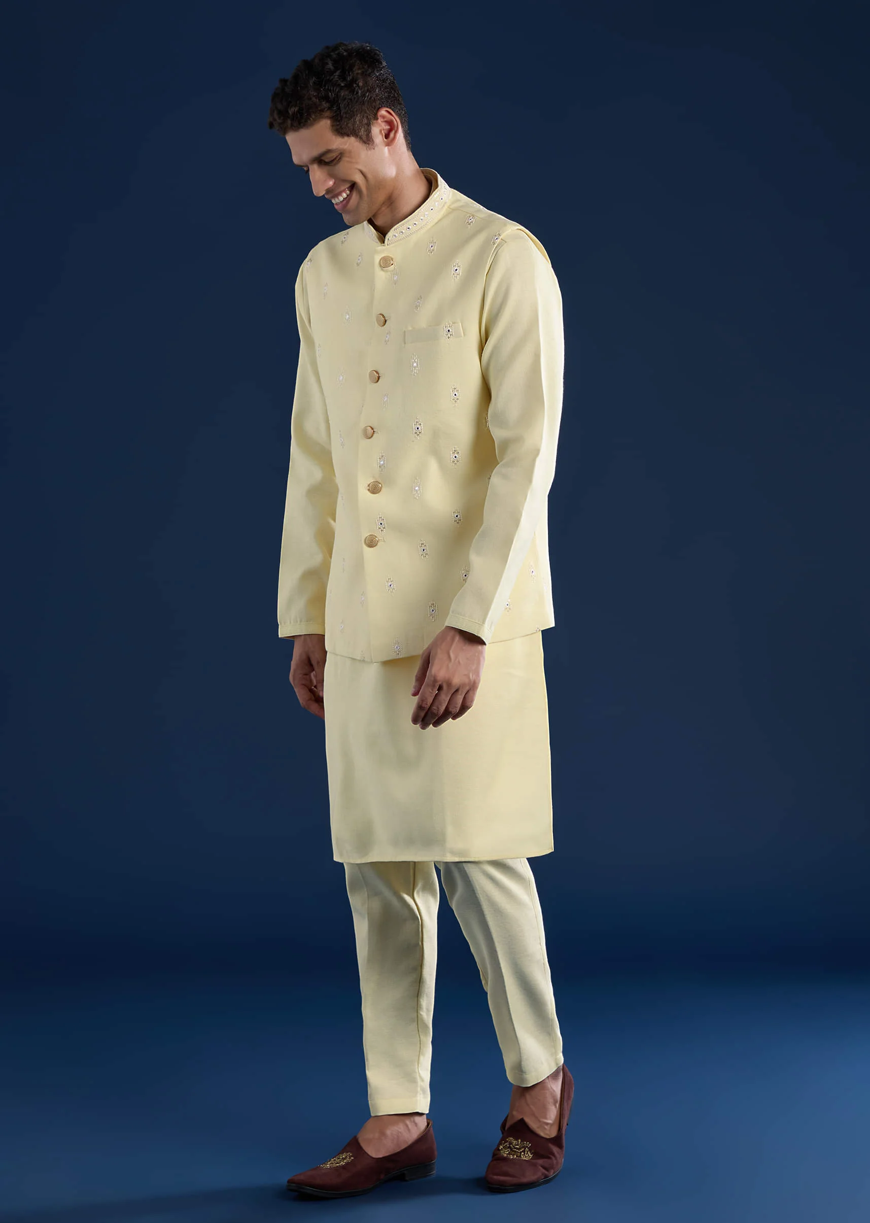 Yellow Silk Jacket Kurta Set with Mirror Embroidery - Image 3