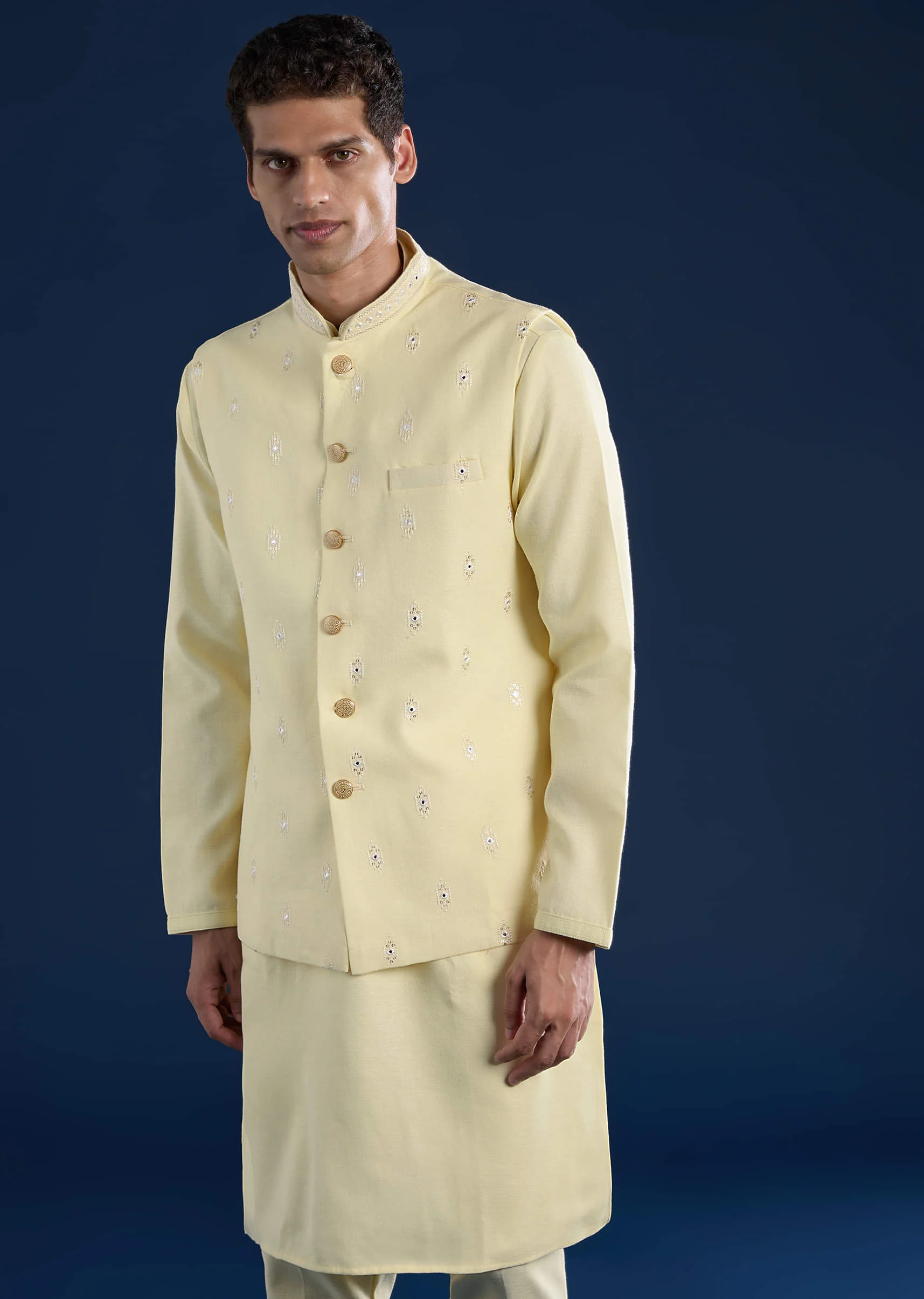 Yellow Silk Jacket Kurta Set with Mirror Embroidery - Image 4