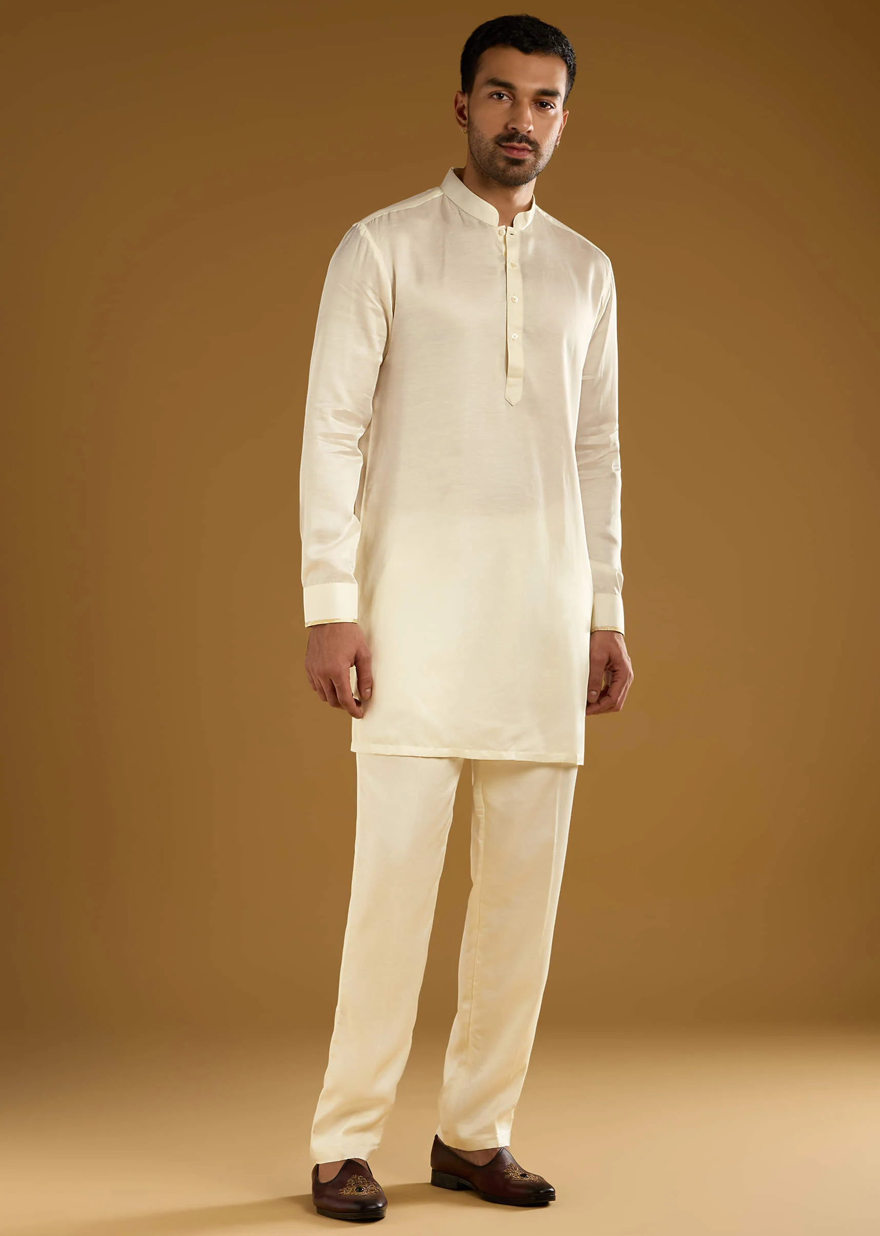 Yellow Silk Jacquard Kurta Jacket Set For Men With Resham Embroidery - Image 6