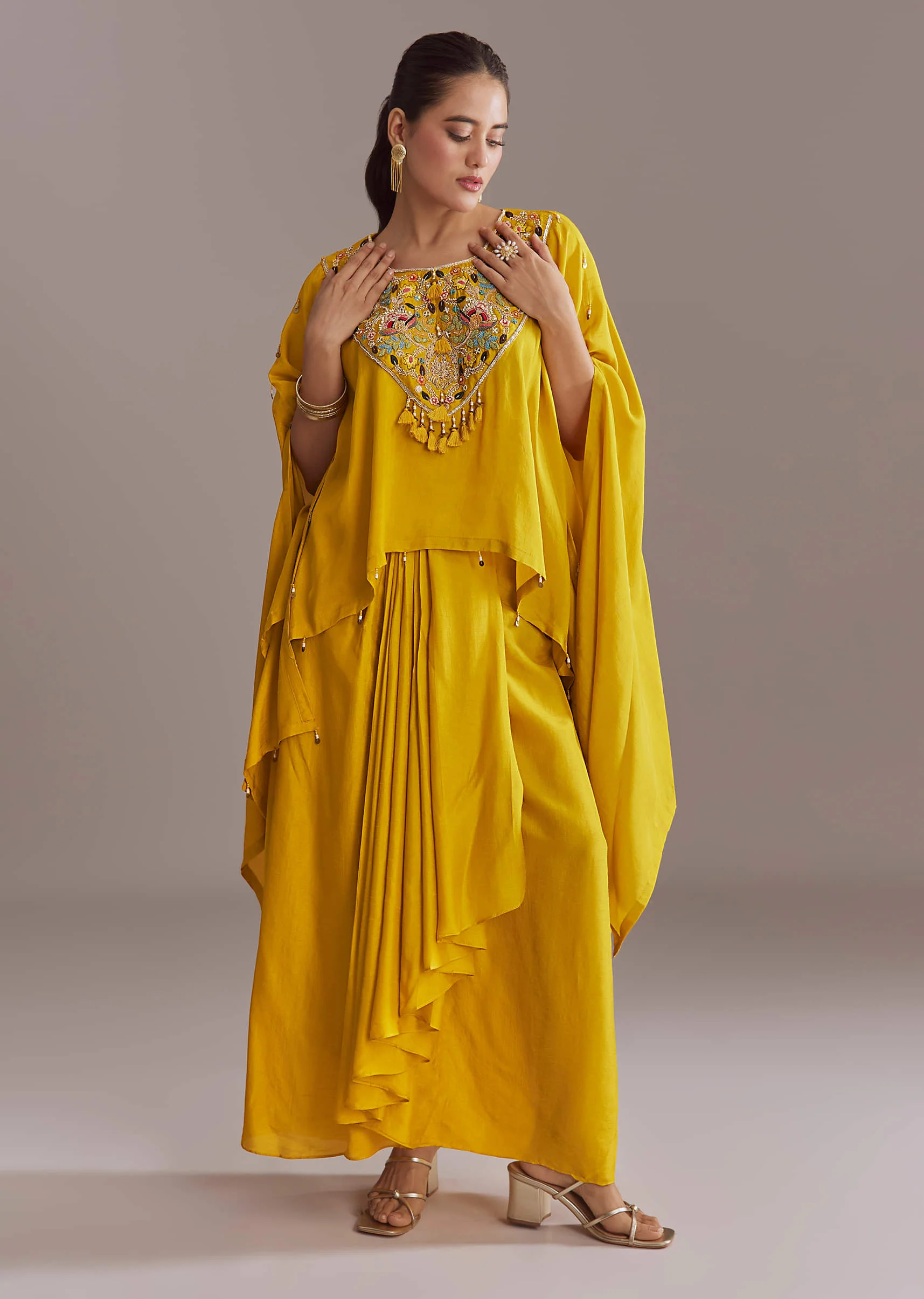 Yellow Silk Kaftan Top And Drape Skirt Set With Embroidery - Image 6