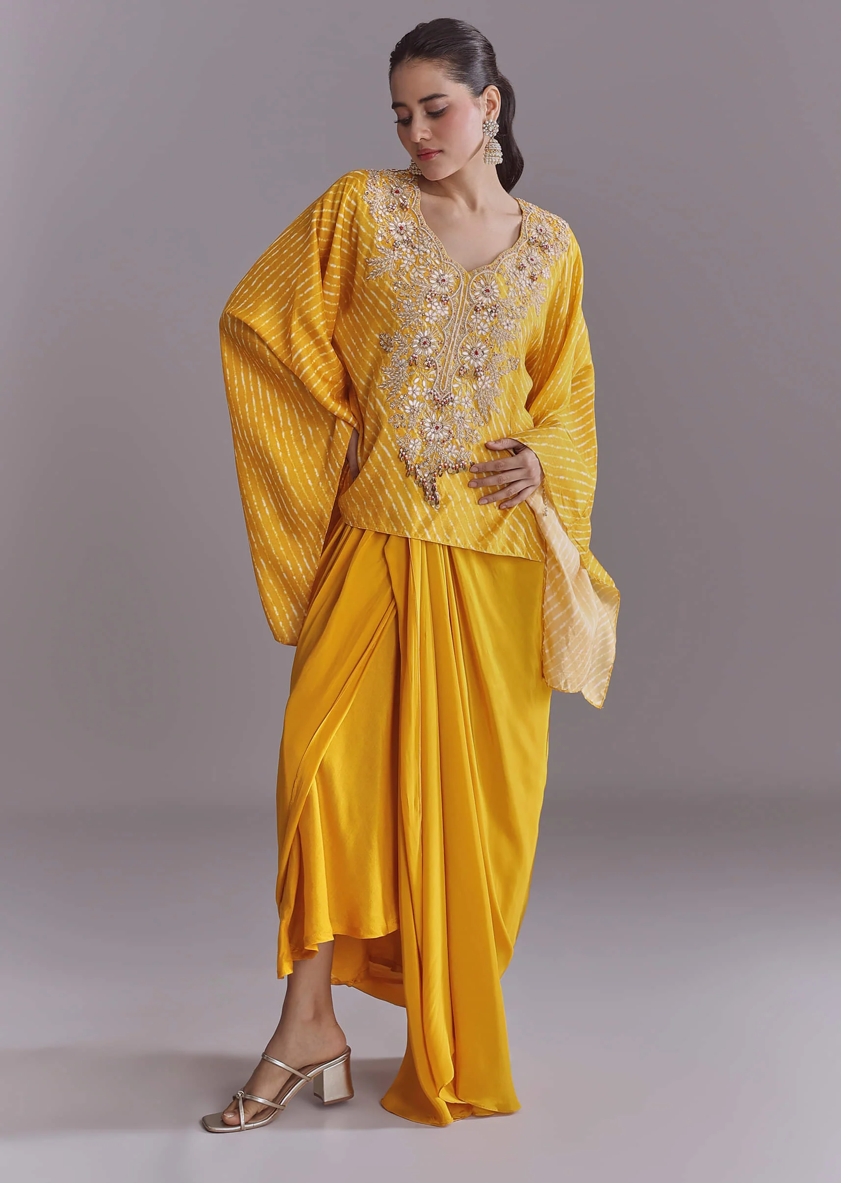 Yellow Silk Kaftan Top And Drape Skirt Set With Leheriya Print