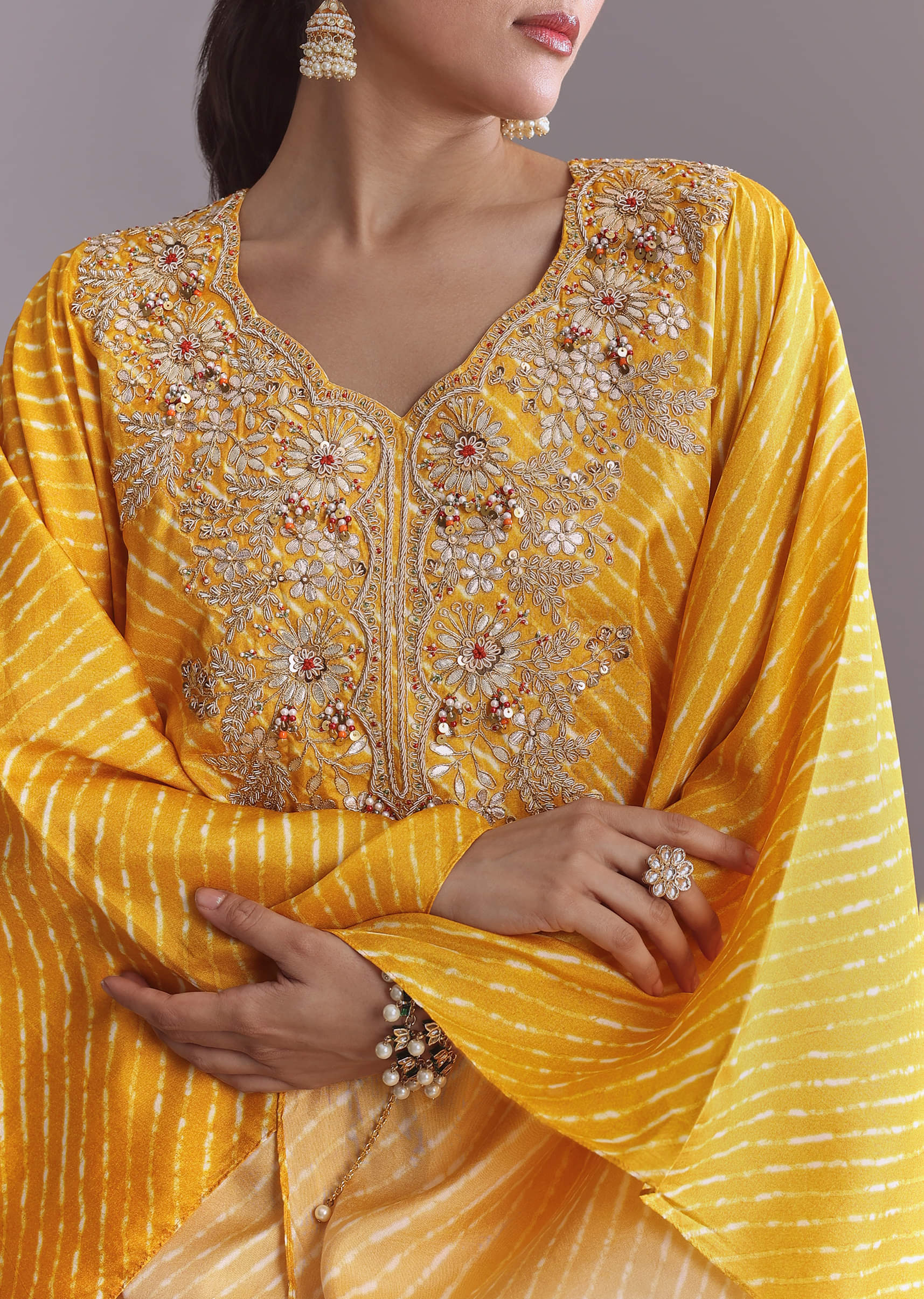 Yellow Silk Kaftan Top And Drape Skirt Set With Leheriya Print - Image 2