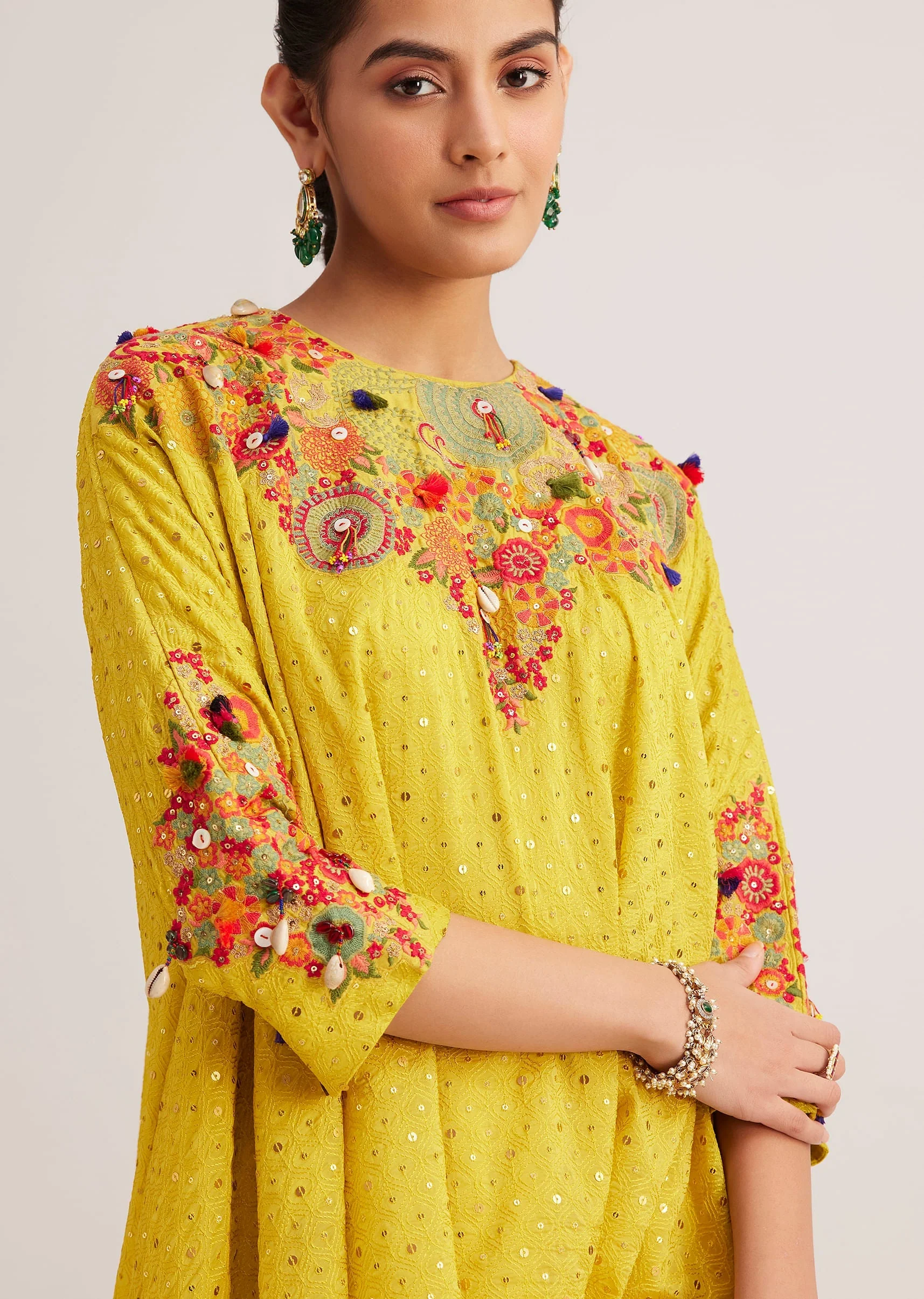 Yellow Silk Kurta Dhoti Set With Resham Embroidery And Tassel Details - Image 2
