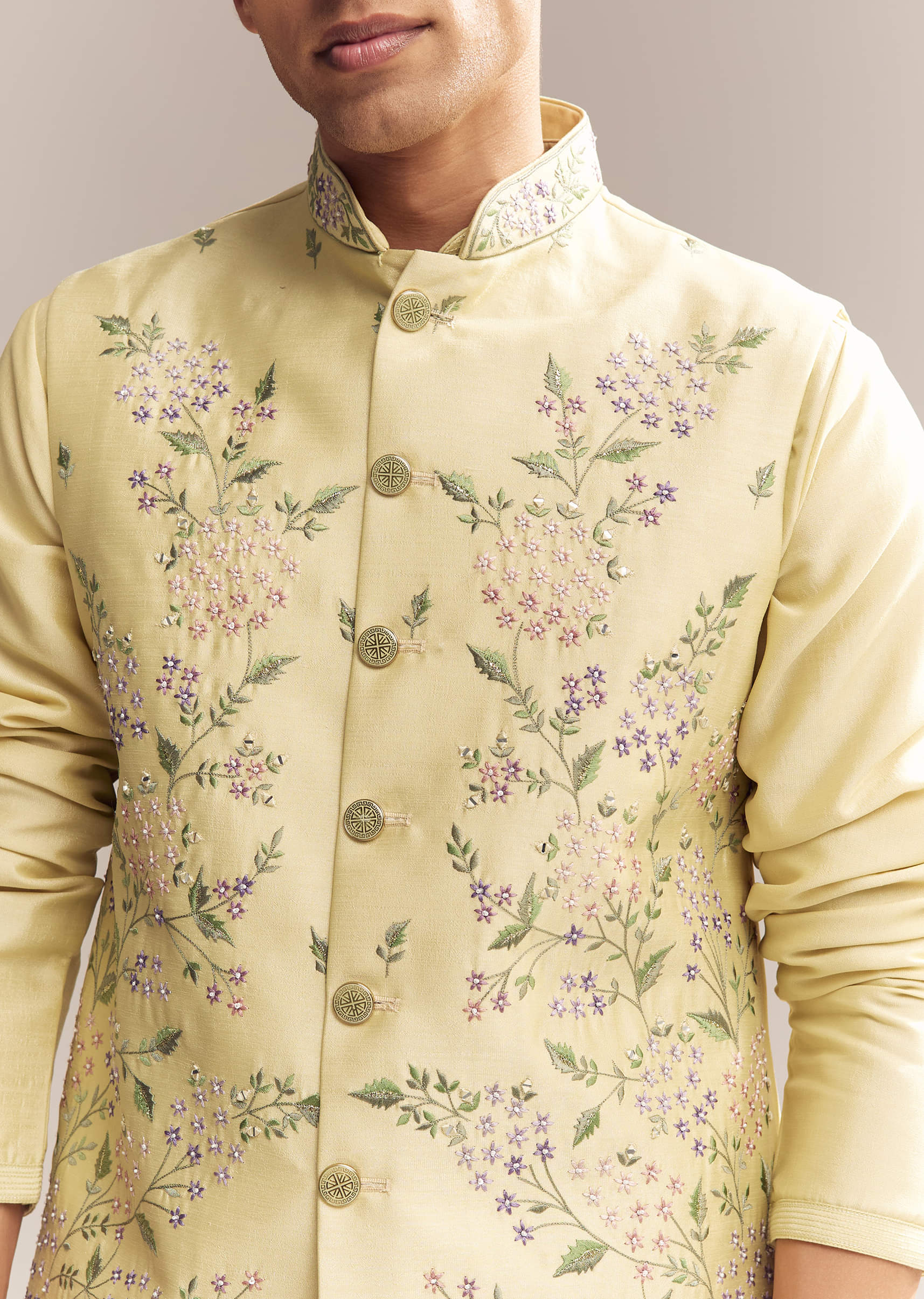 Yellow Silk Kurta Jacket Set For Men With Heavy Embroidery - Image 2