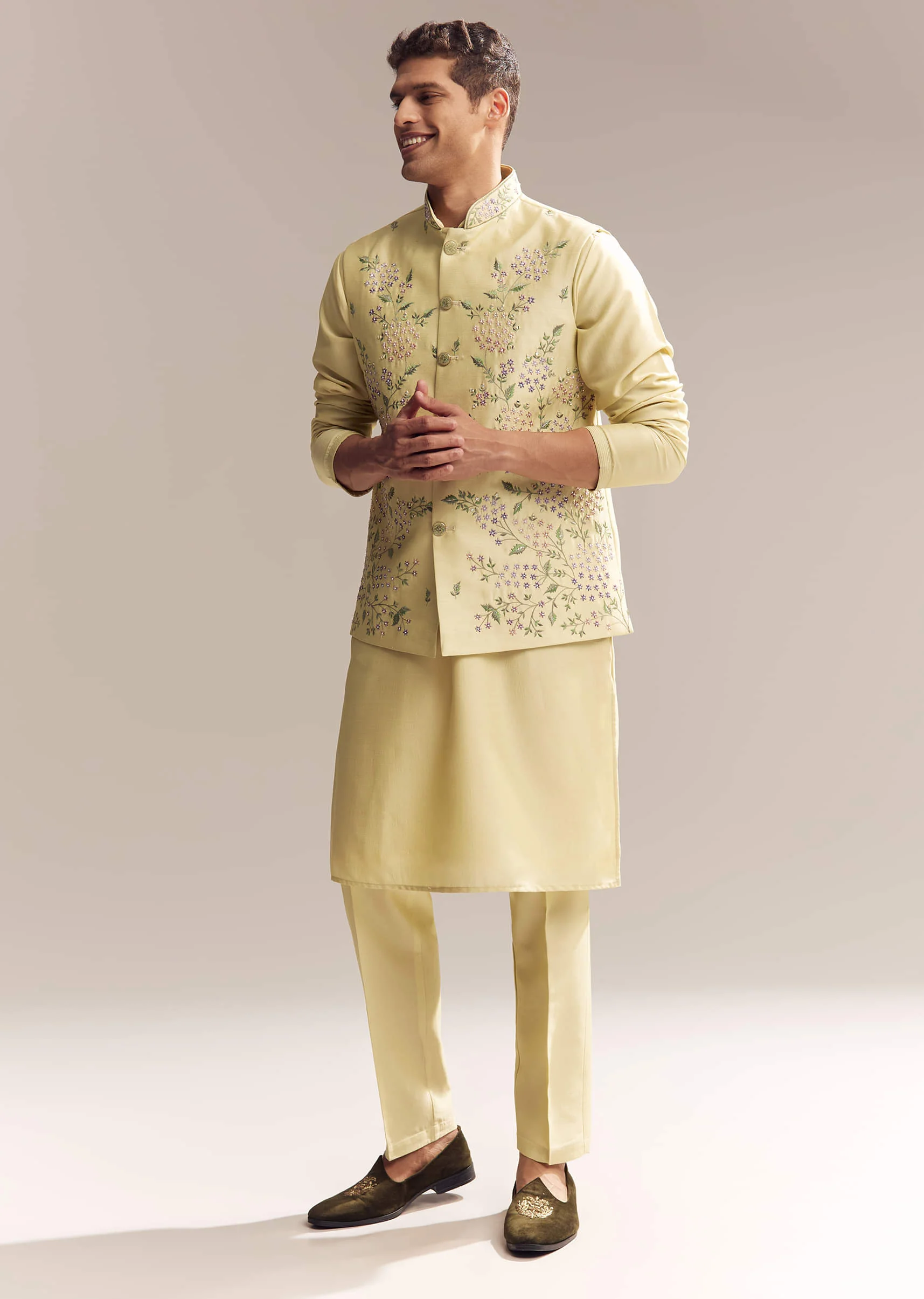 Yellow Silk Kurta Jacket Set For Men With Heavy Embroidery - Image 3