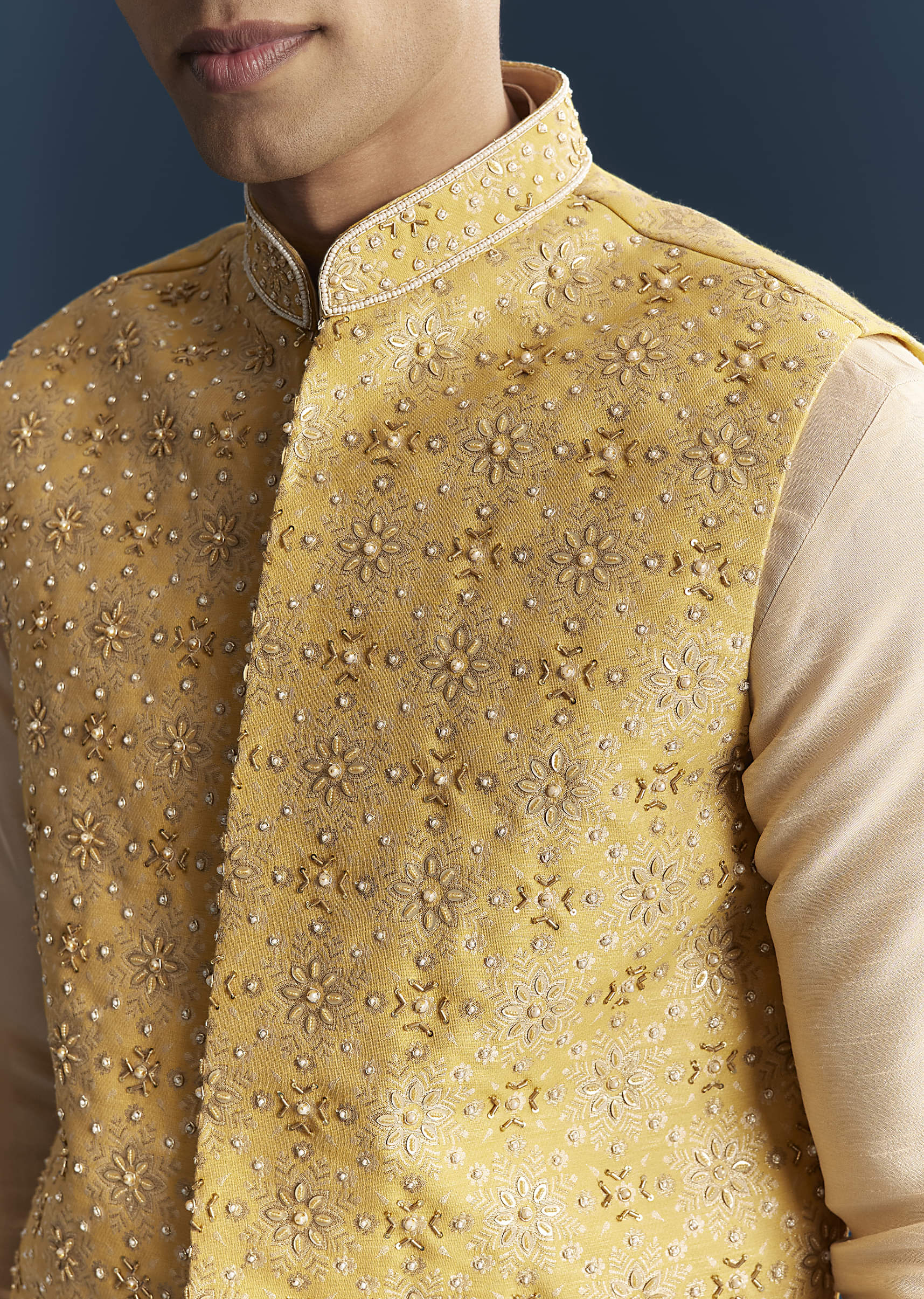 Yellow Silk Kurta Jacket Set For Men With Heavy Hand Embroidery - Image 2