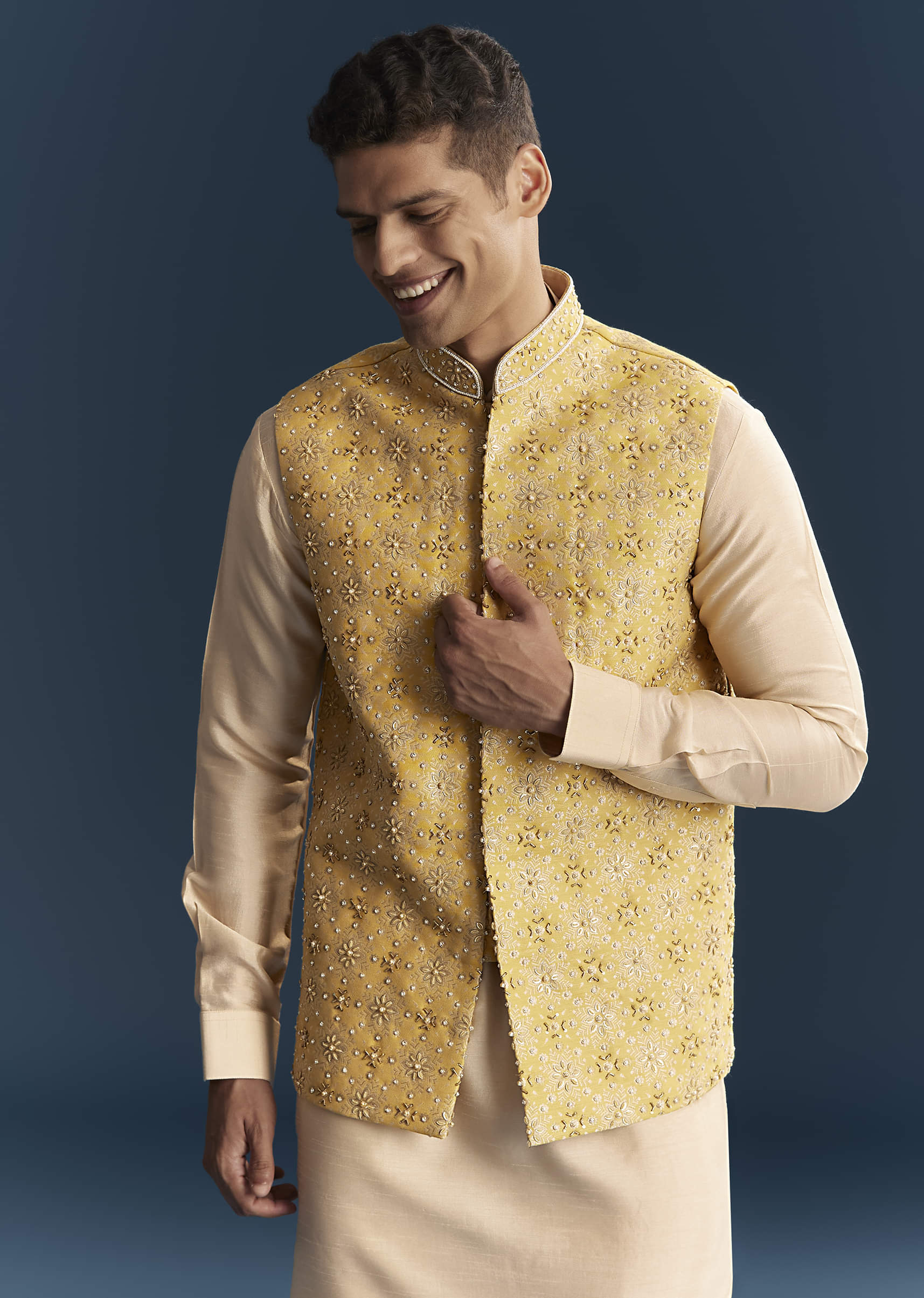 Yellow Silk Kurta Jacket Set For Men With Heavy Hand Embroidery - Image 4