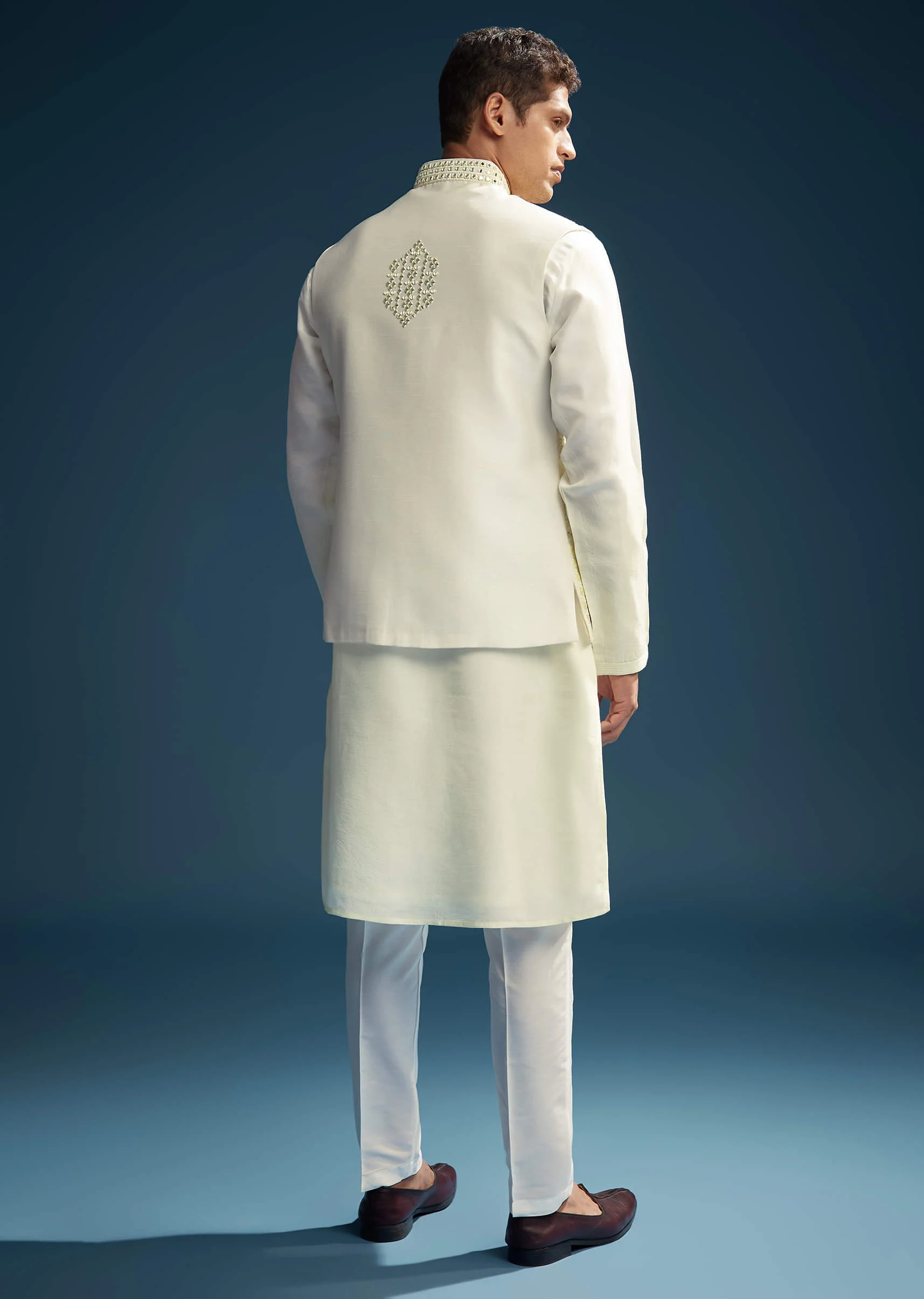 Yellow Silk Kurta Jacket Set For Men With Mirror And Patch Work - Image 5