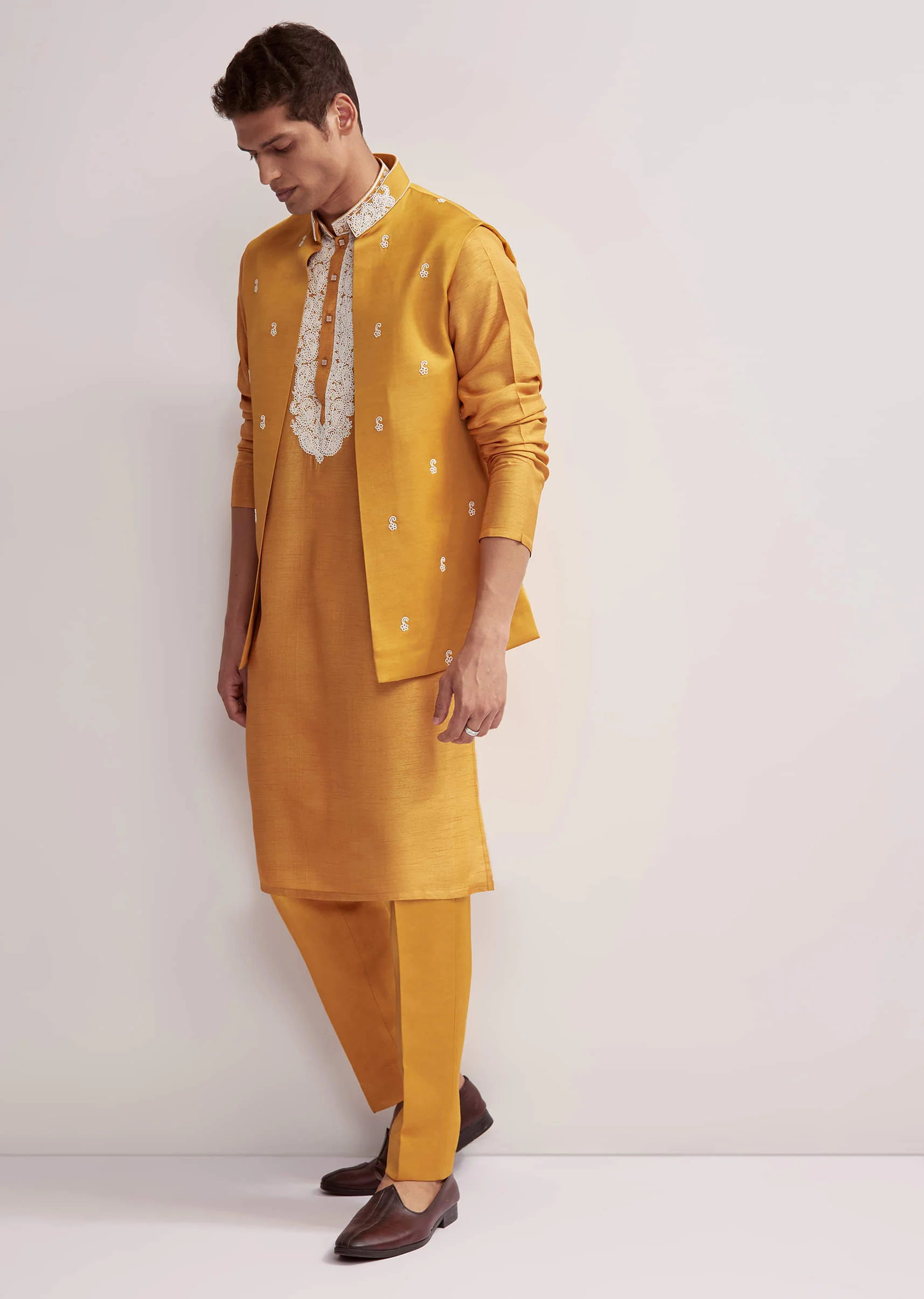 Yellow Silk Kurta Jacket Set For Men With Zardosi Hand Embroidery - Image 3