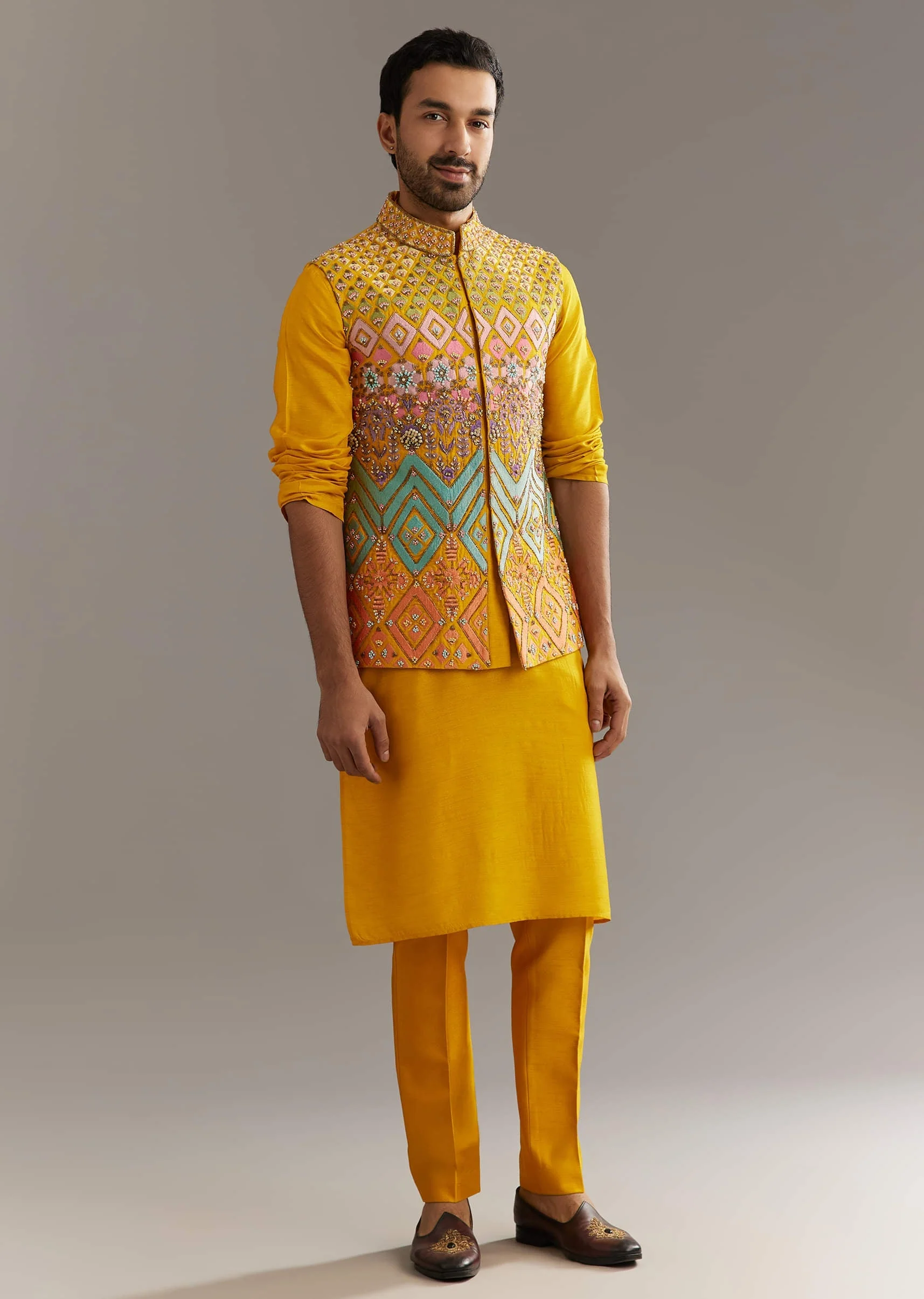 Yellow Silk Kurta Jacket Set With Multicolor Hand Work - Image 2
