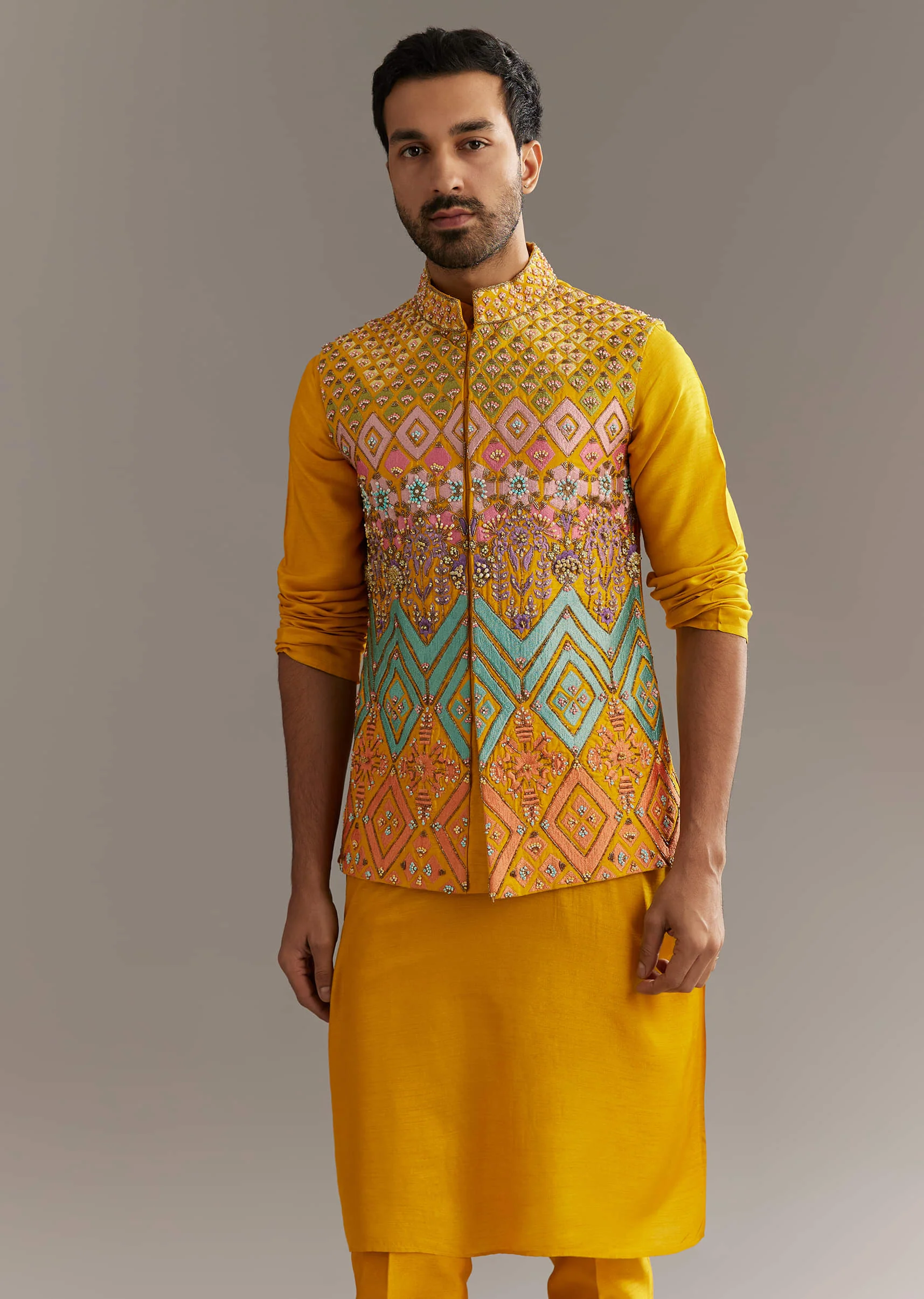 Yellow Silk Kurta Jacket Set With Multicolor Hand Work - Image 3