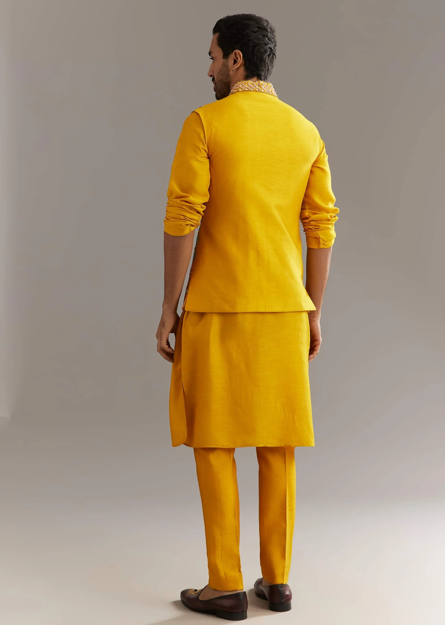 Yellow Silk Kurta Jacket Set With Multicolor Hand Work - Image 4