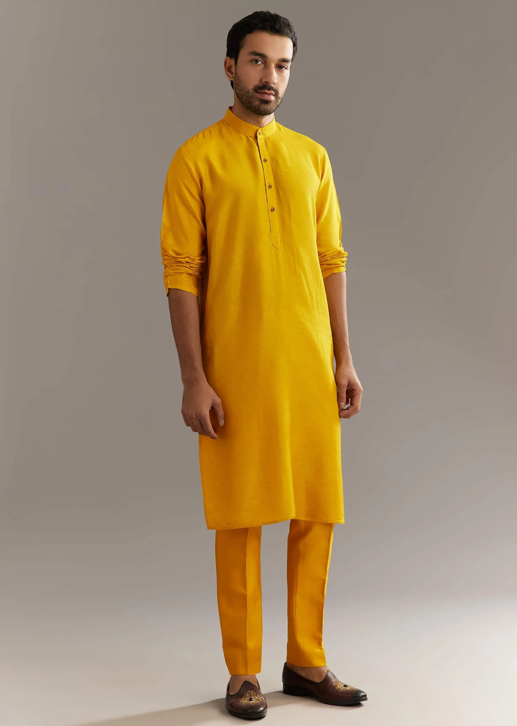 Yellow Silk Kurta Jacket Set With Multicolor Hand Work - Image 5