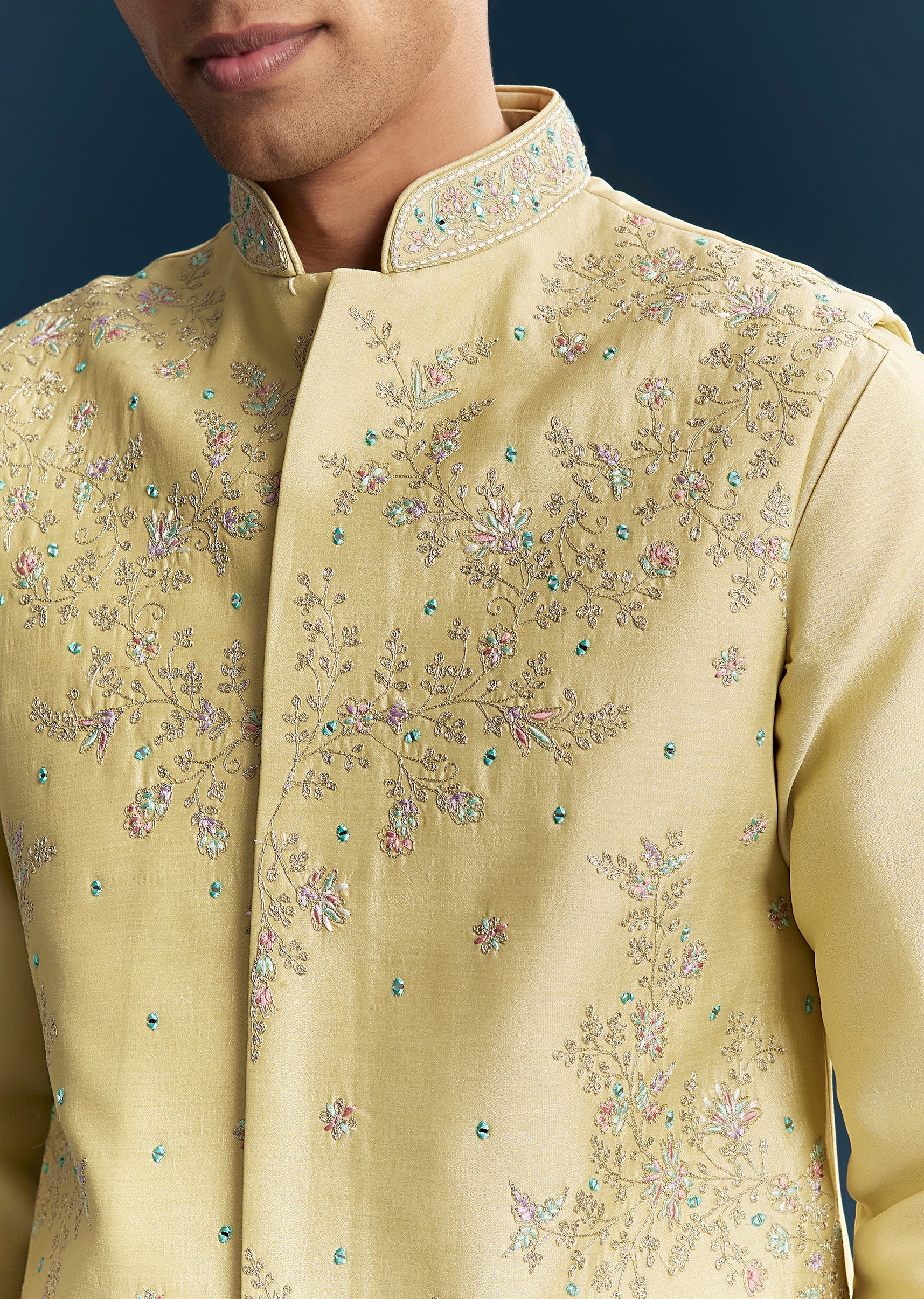 Yellow Silk Kurta Jacket Set With Thread And Mirror Work - Image 2