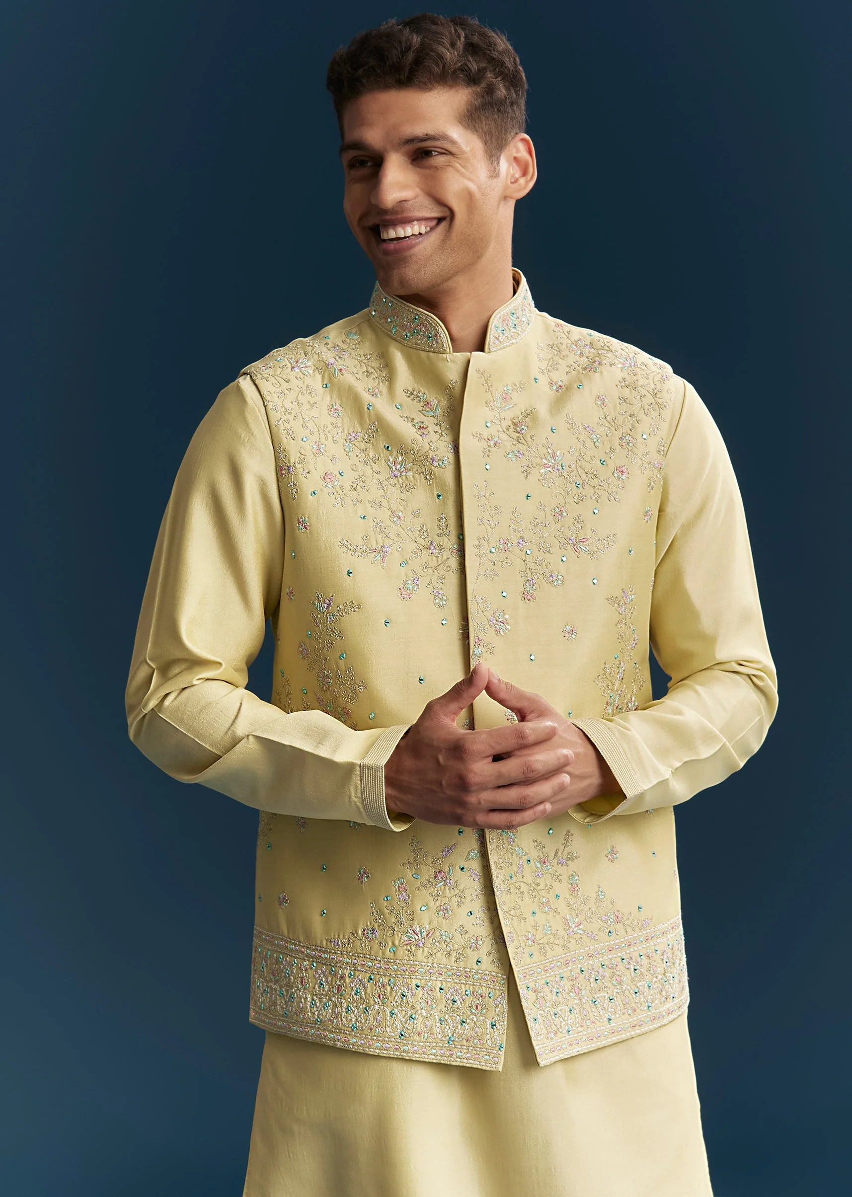Yellow Silk Kurta Jacket Set With Thread And Mirror Work - Image 4