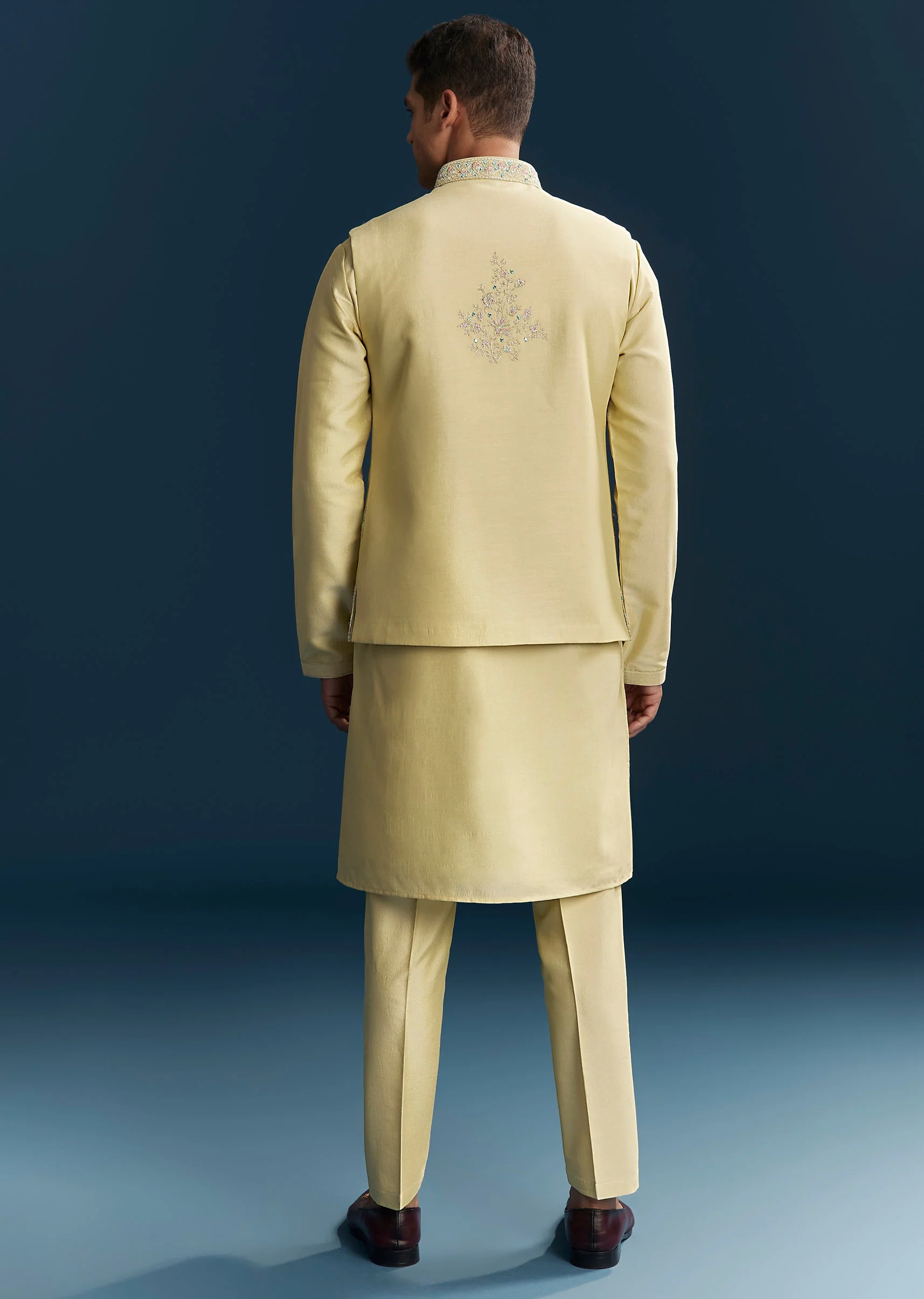 Yellow Silk Kurta Jacket Set With Thread And Mirror Work - Image 5