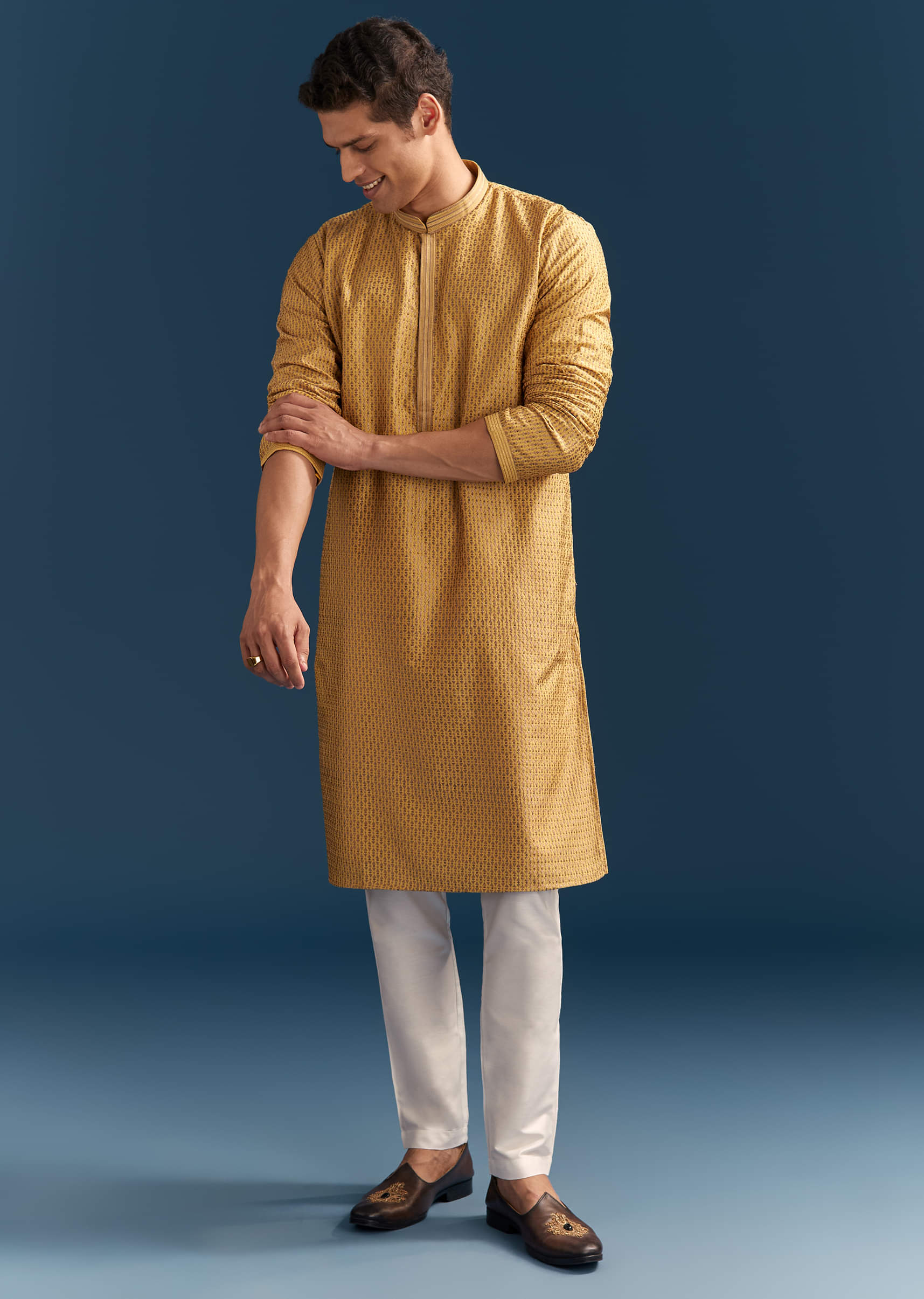 Yellow Silk Kurta Set For Men - Image 3