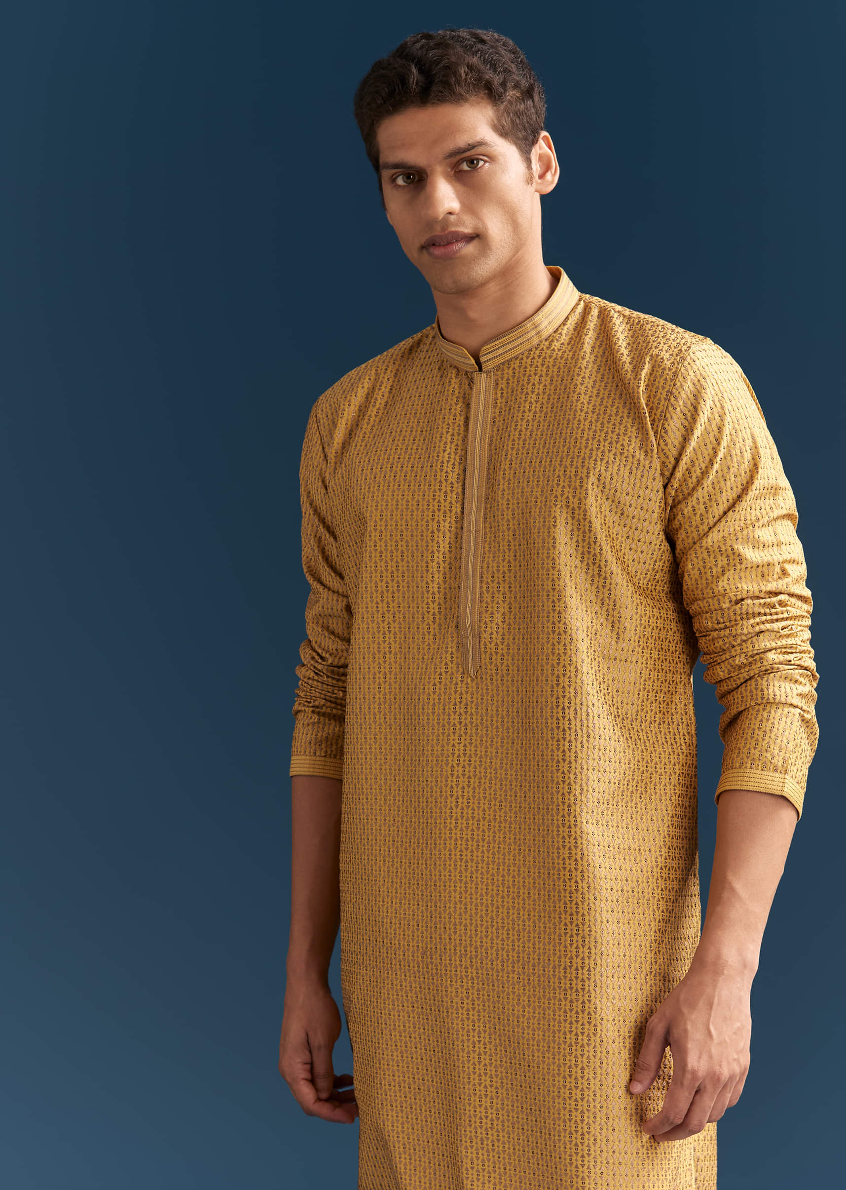 Yellow Silk Kurta Set For Men - Image 4