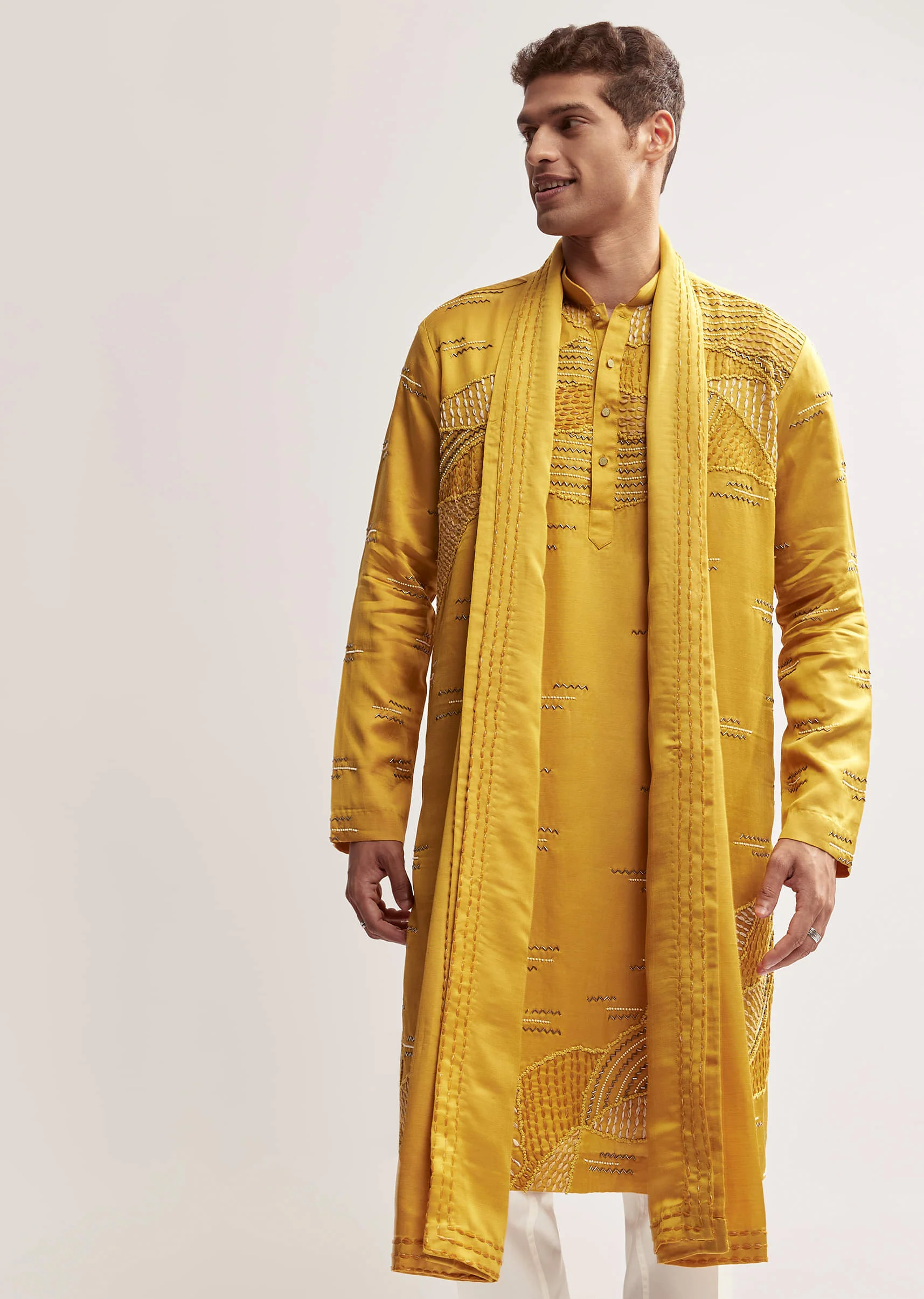 Yellow Silk Kurta Set For Men With Cutdana And Bead Work - Image 4