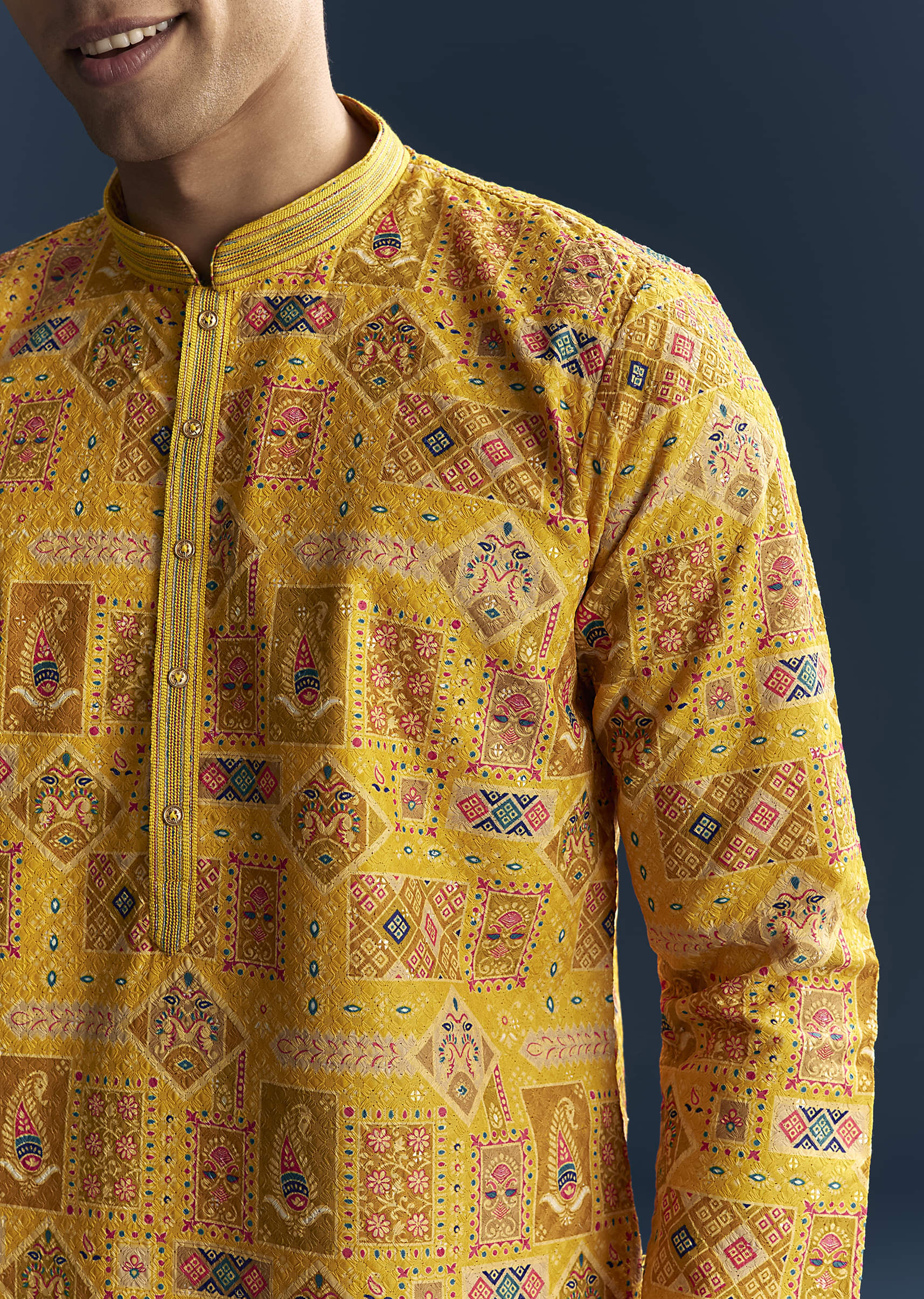 Yellow Silk Kurta Set For Men With Heavy Hand Embroidery - Image 2