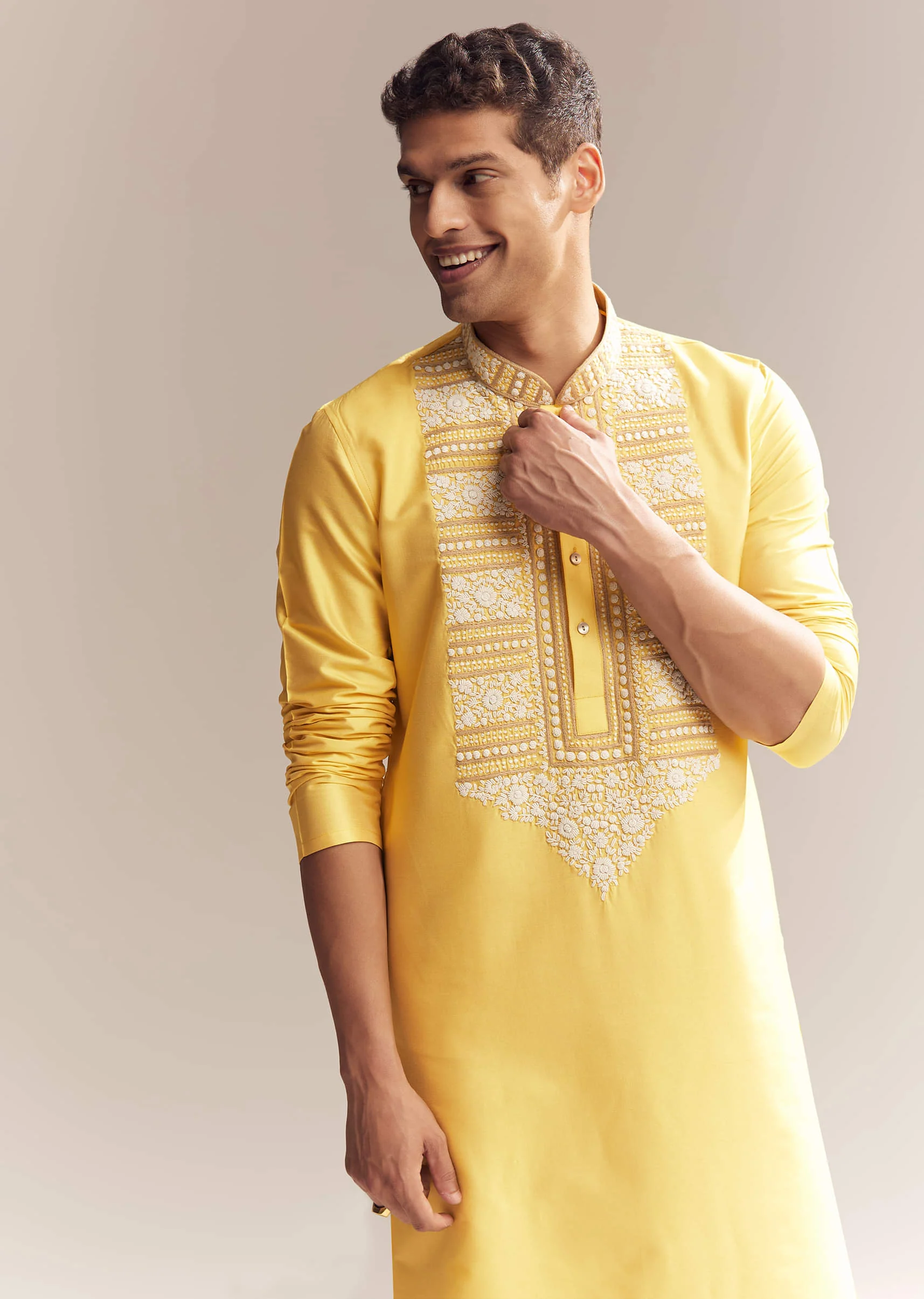 Yellow Silk Kurta Set For Men With Kashmiri Hand Work - Image 4